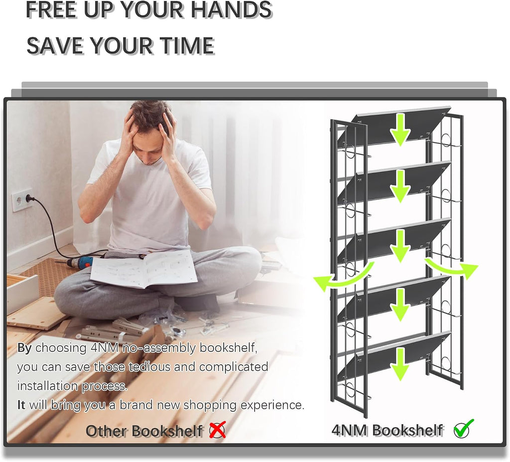 4NM No Assembly 5 Tiers Folding Bookshelf, 59.4' H Foldable Storage Shelves Vintage Bookcase Standing Racks Study Organizer Home Office - All Black