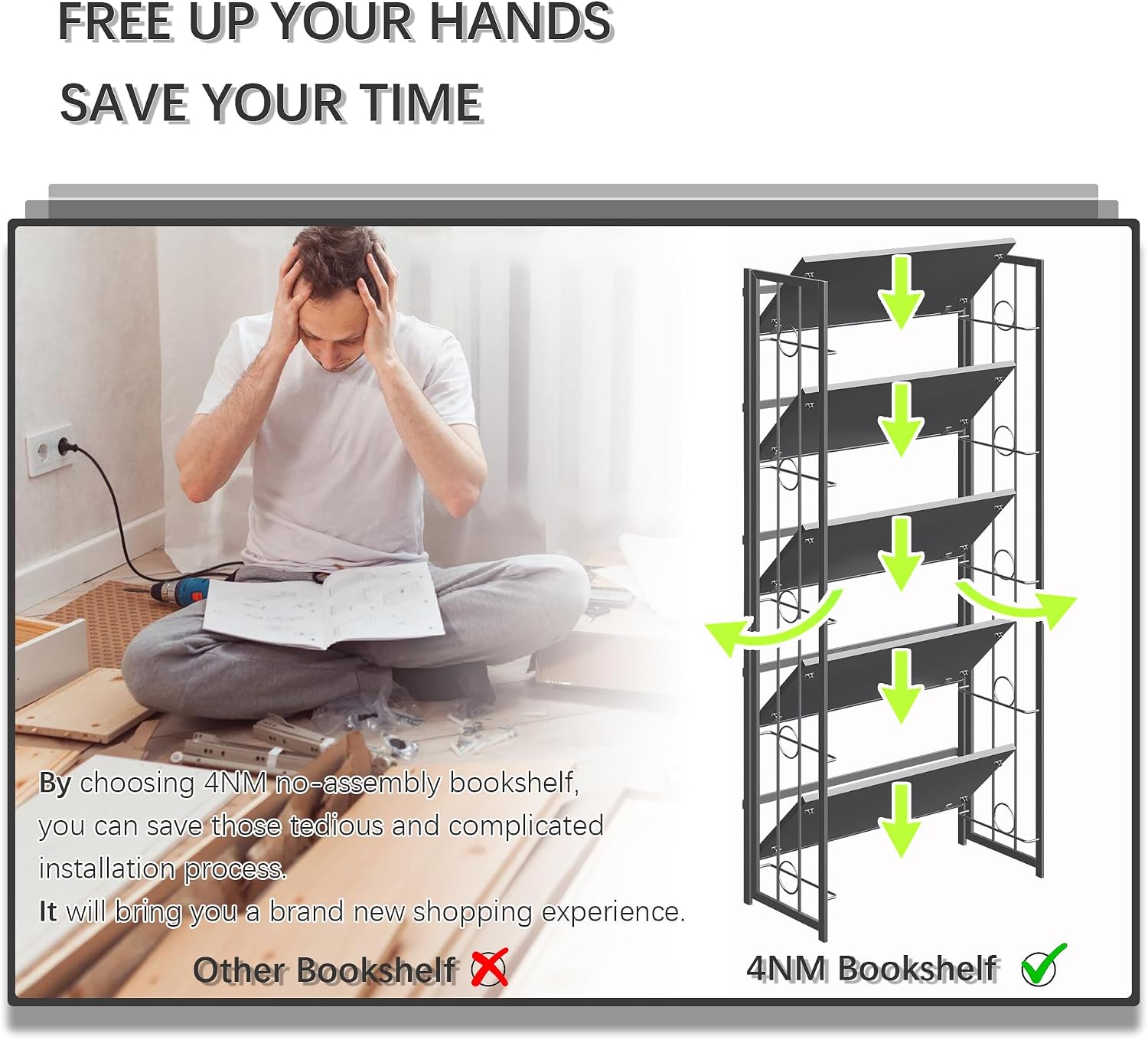 4NM No Assembly 5 Tiers Folding Bookshelf, 59.4' H Foldable Storage Shelves Vintage Bookcase Standing Racks Study Organizer Home Office - All Black