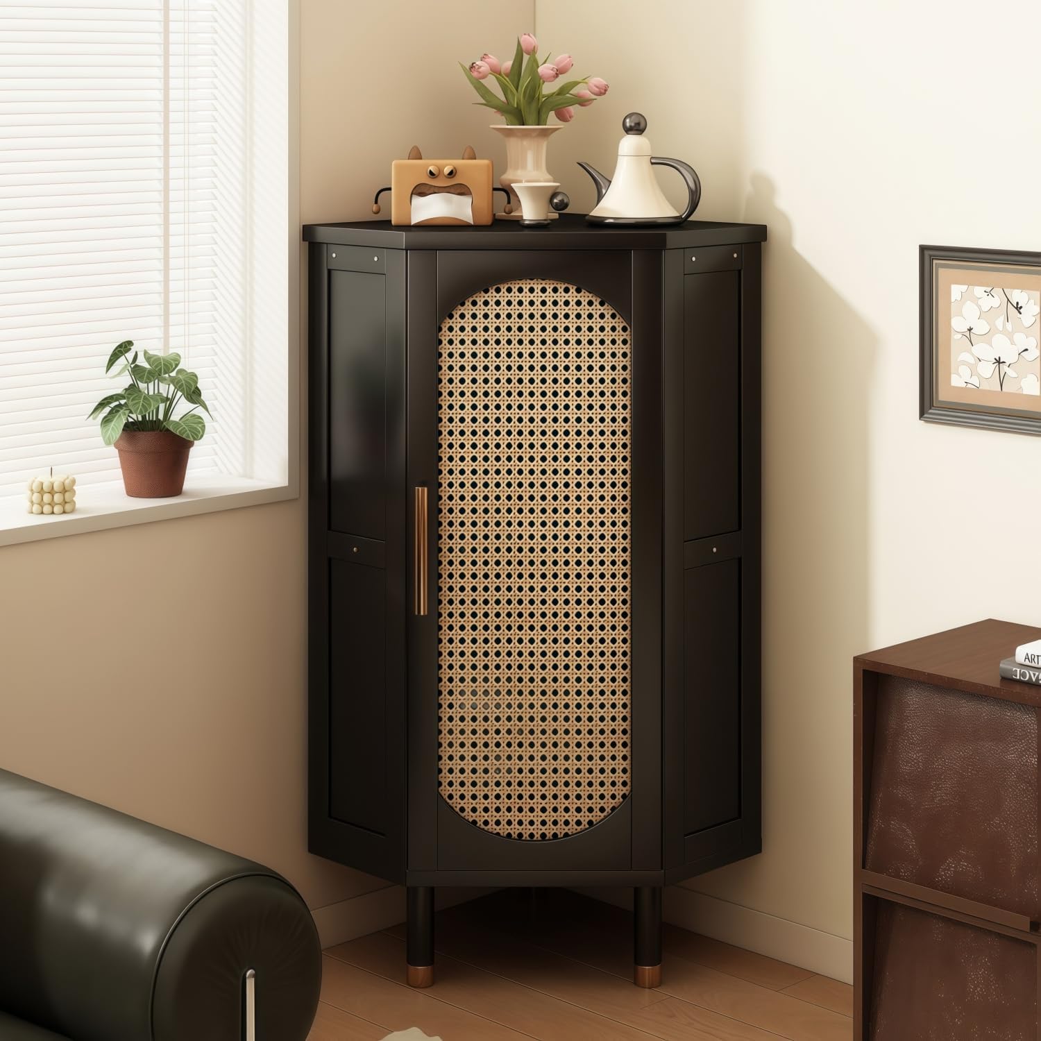 Corner Shelf, Bamboo Storage Cabinet with Woven Doors, Multi-Tier Floor Standing Organizer for Living Room, Bedroom, Study Corner (Black,15.7' L*15.7' W*39.3' H)