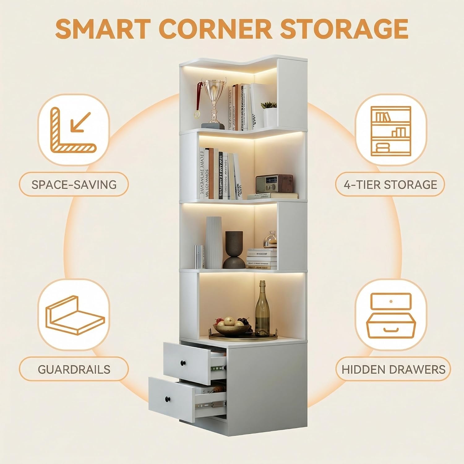 4 Tier Corner Bookshelf with Drawers, L Shaped Freestanding Corner Bookcase with LED Lights and Baffle, Space Saving Display Shelf for Living Room, Bedroom, Home Office, Kitchen(White)