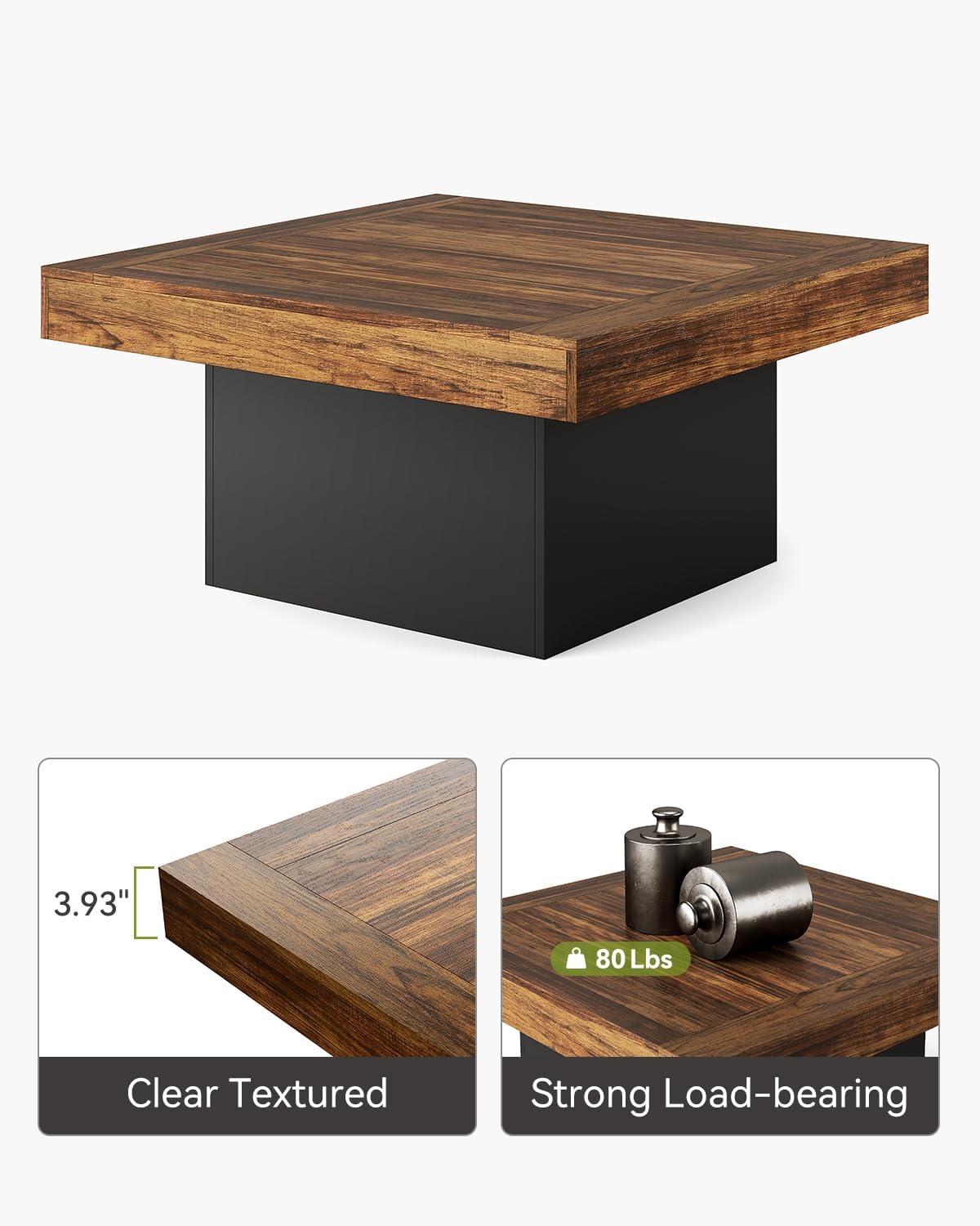 LITTLE TREE Square Coffee Table with LED Lights, 35-inch Living Room Tables, Modern Coffee Tables for Living Room, Brown and Black Wooden Center Table Cocktail Table for Home