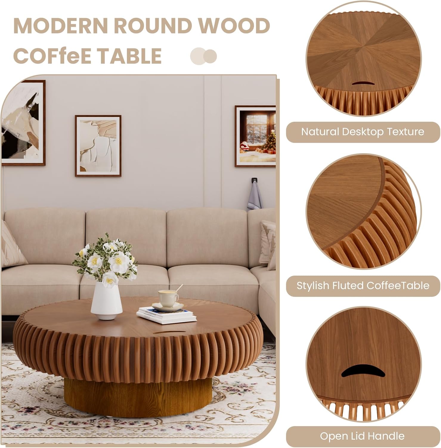 39.37'' Round Fluted Coffee Table with Storage, Modern Wooden Drum Coffee Table, Circle Center Table Accent Tea Table with Sturdy Pedestal for Living Room Apartment Small Space (39.37' Storage Brown)