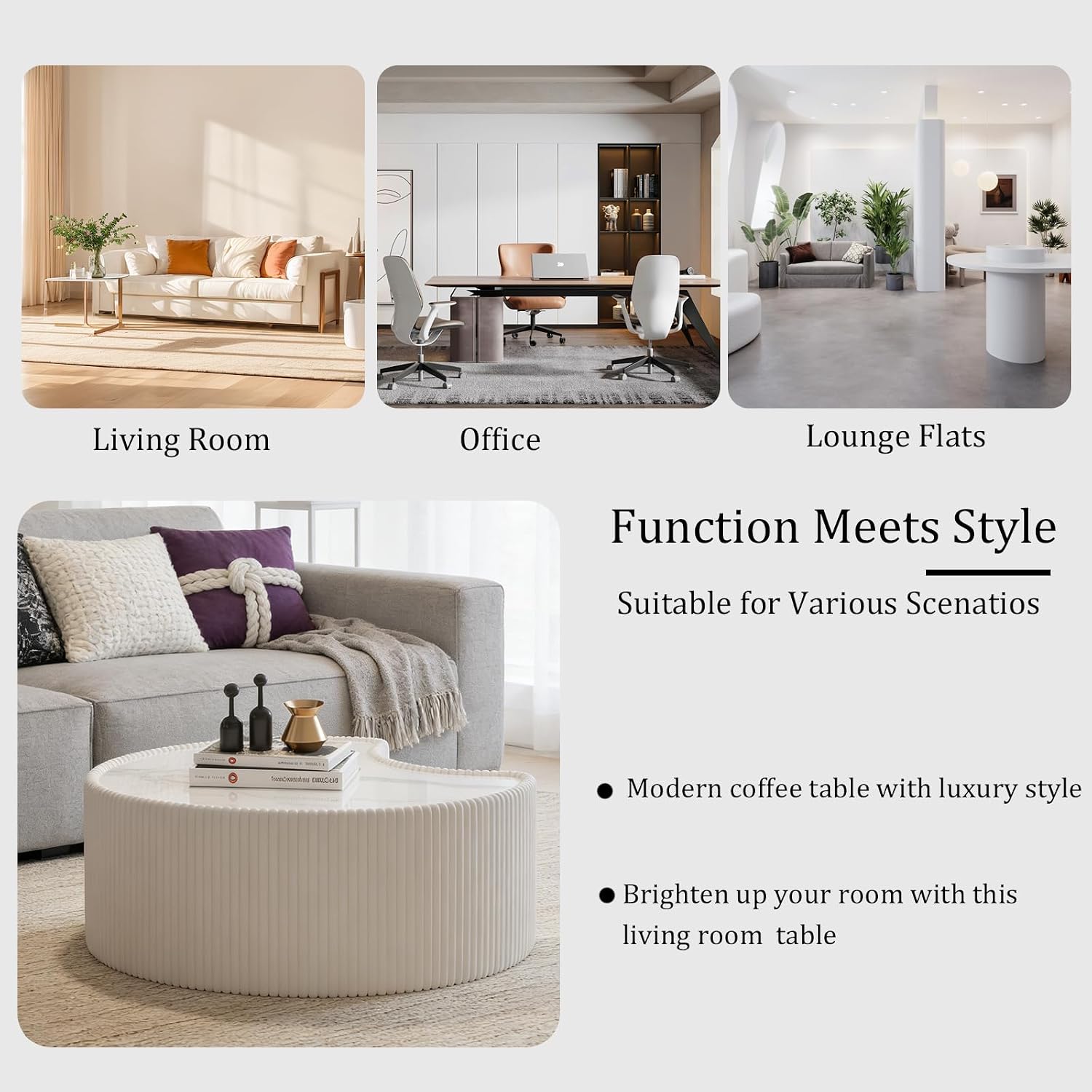 White Round Coffee Table with Sintered Stone Tabletop, 29.53' Drum Coffee Table with Fluted PU Leather Covered and Stable Base, Circle Cocktail Tea Table for Living Room