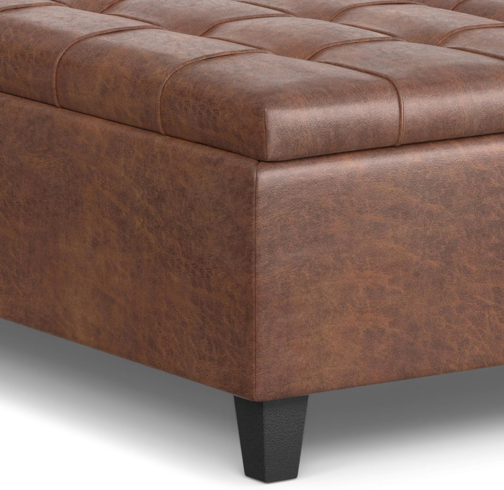 SIMPLIHOME Harrison Large Coffee Table Storage Ottoman - 40 inch Wide Upholstered Vegan Leather Square Lift-Top Ottoman in Distressed Saddle Brown, Transitional Bench for Living Room with Sturdy Base
