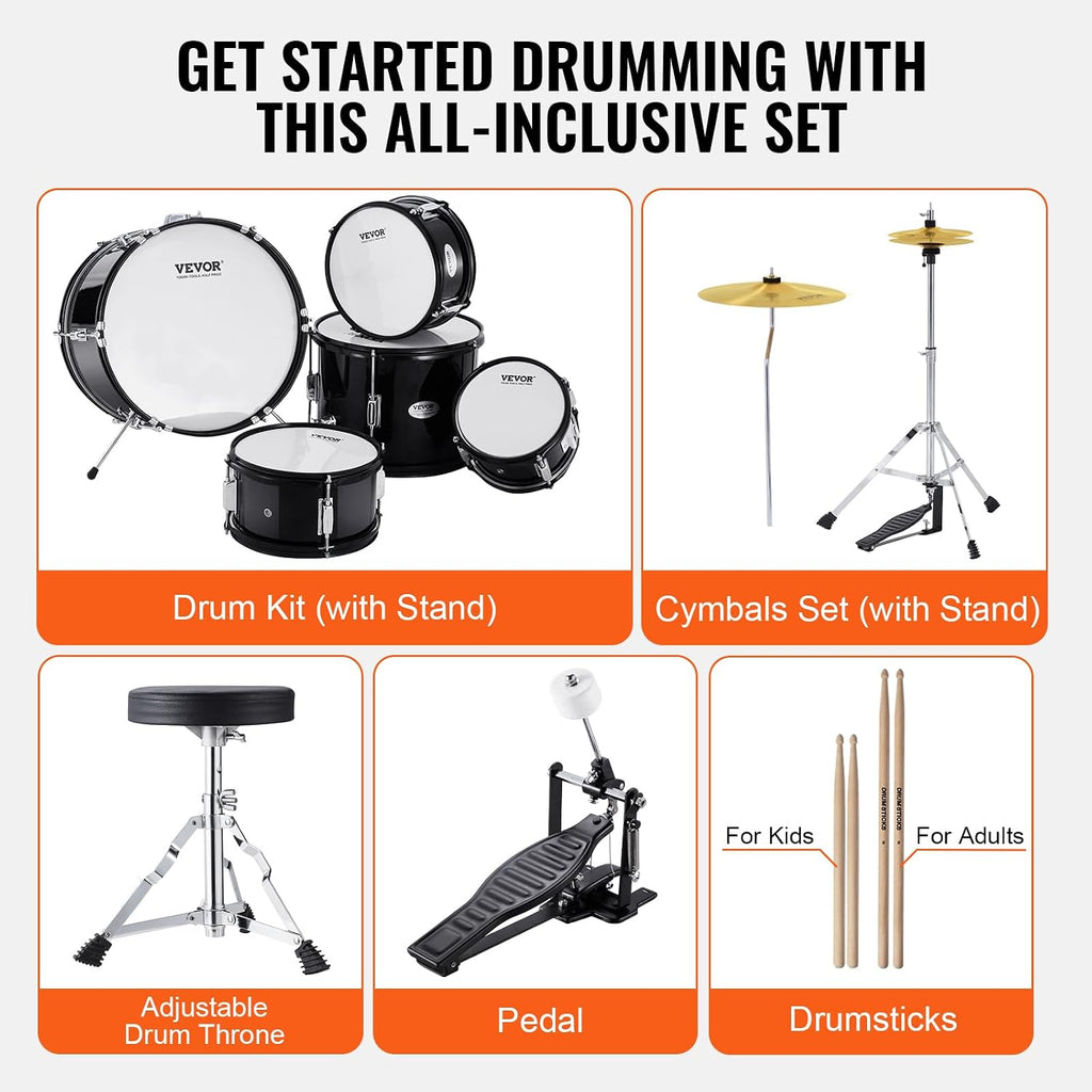 VEVOR Kids Drum Set, 5 Piece 16in Beginner Youth Full Drum Set with Bass Toms Snare Floor Drum Adjustable Throne Cymbal Hi-Hat Pedal and Two Pairs of Drumsticks, Starter Drum Kit for Child Kids, Black