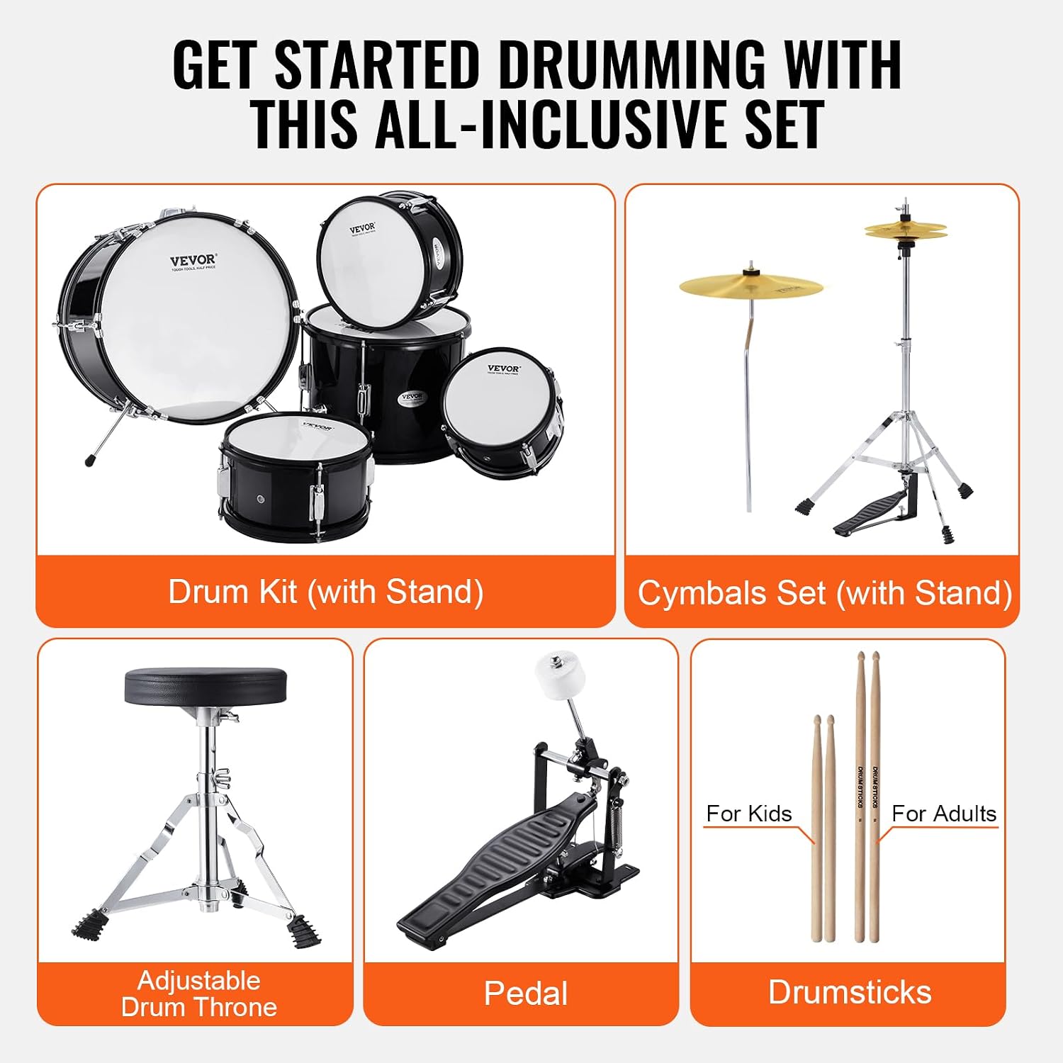 VEVOR Kids Drum Set, 5 Piece 16in Beginner Youth Full Drum Set with Bass Toms Snare Floor Drum Adjustable Throne Cymbal Hi-Hat Pedal and Two Pairs of Drumsticks, Starter Drum Kit for Child Kids, Black
