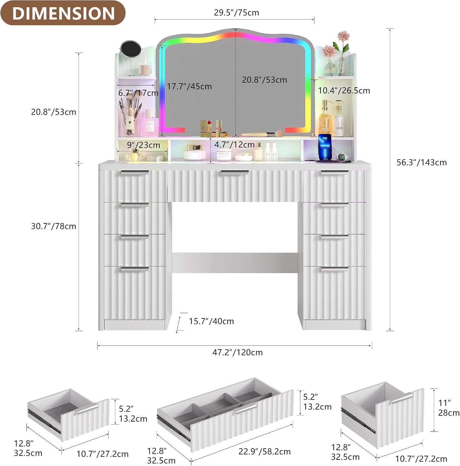 Fluted Makeup Vanity with Large Storage & RGB Lighting, Vanity Desk with 9 Drawers, Jewelry Organizer, Open Shelves & Charger Station, Dressing Table Gift for Women/Girls/Lady, White
