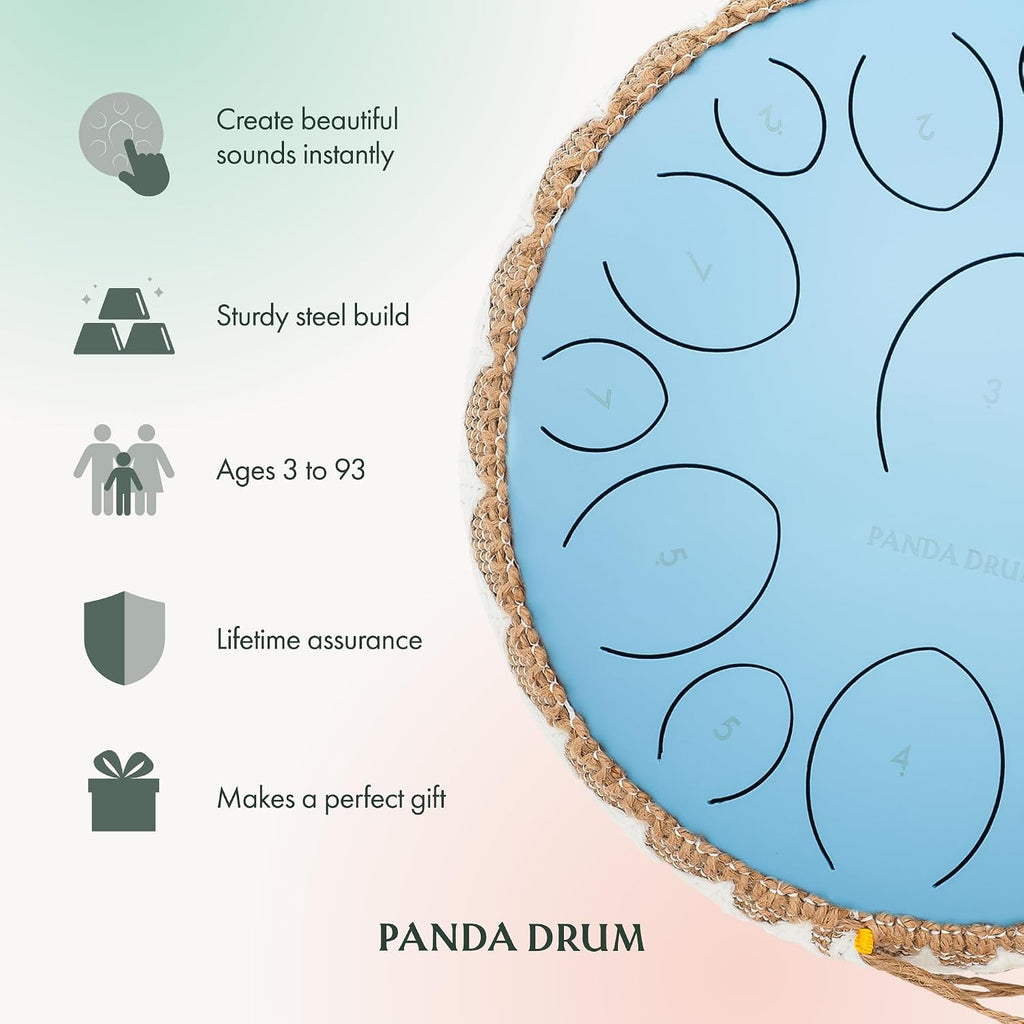 Panda Drum Pro (Blue) | Steel Tongue Handpan with Music Book, Mallets, Carrying Bag & Finger Picks | 15 inch, 432 Hz | Rain Drum for Inside & Outside | Calming Musical Instrument for Adults & Kids