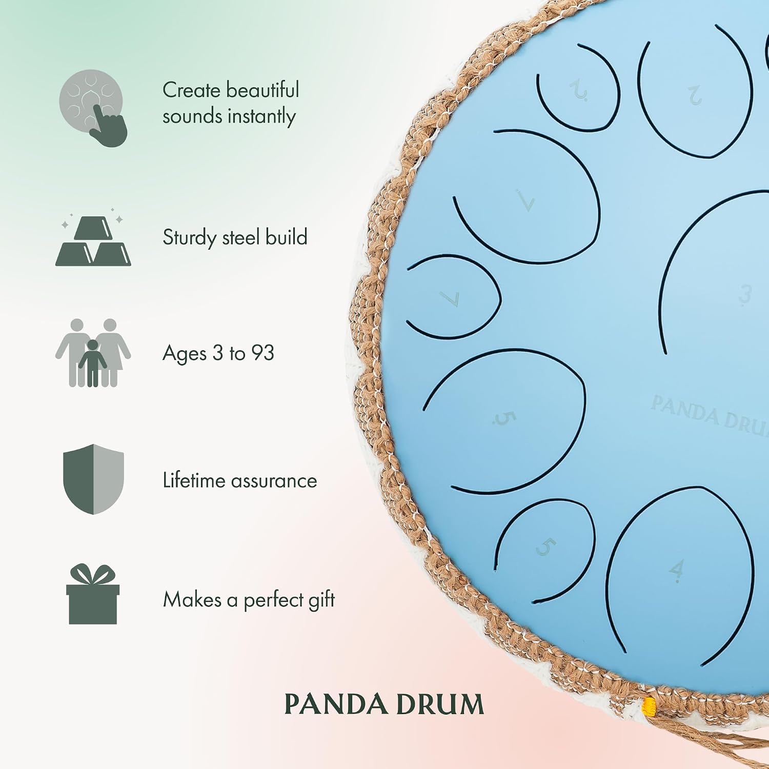 Panda Drum Pro (Blue) | Steel Tongue Handpan with Music Book, Mallets, Carrying Bag & Finger Picks | 15 inch, 432 Hz | Rain Drum for Inside & Outside | Calming Musical Instrument for Adults & Kids