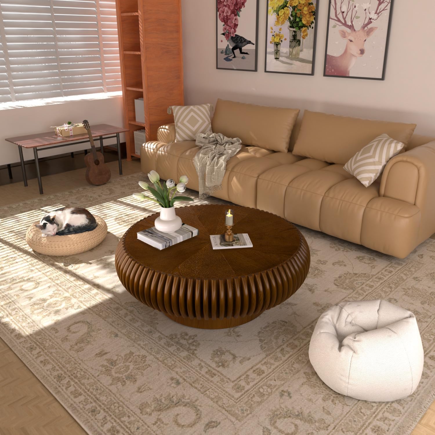 31.5' Drum Coffee Table Modern Unique Fluted Tea Table Contemporary Wood Round Coffee Table with Fluted Centry Table for Living Room Walnut (31.5' Walnut)