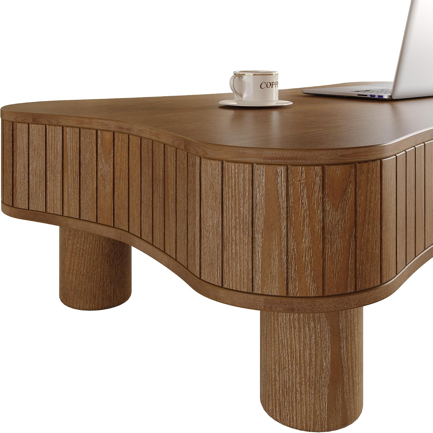 42' Cloud Fluted Lift Top Coffee Table with Hidden & Open Storage, Modern Center Table with Hydraulic Raising Mechanism, Irregular Shape Tea Table with Curved Safety Corners, Walnut
