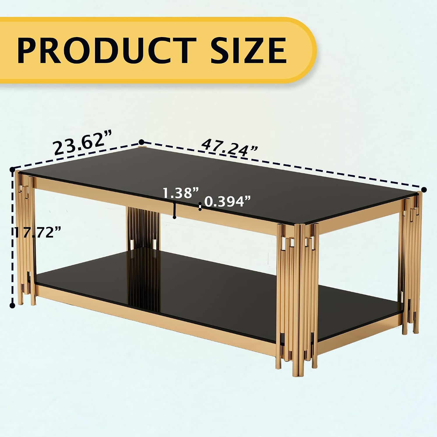 Rectangular Black Glass Coffee Table, 47' Center Table Living Room Table, Gold Stainless Steel Irregular Leg, Double-Layer Structure, Black Glass Desktop, Luxury