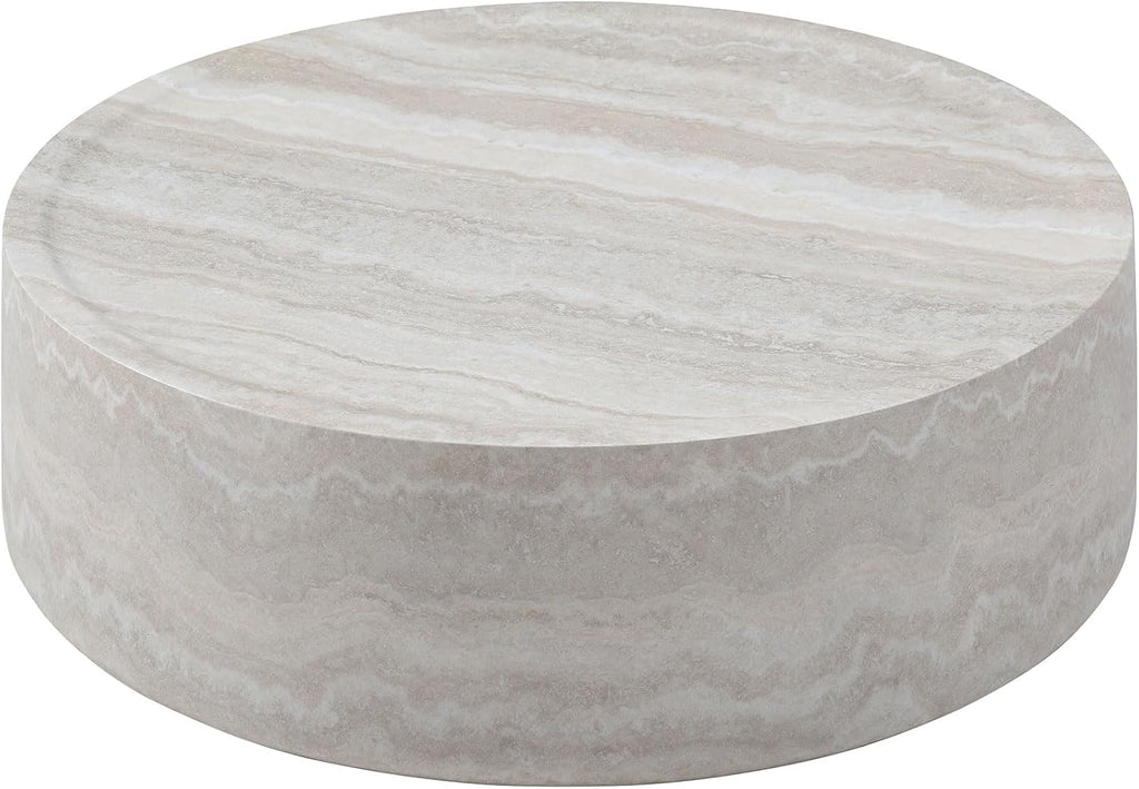39.37' Marble Pattern Round Coffee Table for Living Room, Modern Large Circle Coffee Table Minimalist EndTable Side Table for Living Room Apartment, Office, No Need Assembly, Fiberglass Stone, Beige
