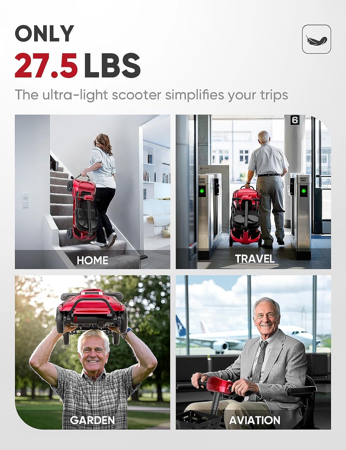 Mobility Scooters for Adults & Seniors - Ultra Lightweight 27.5 lbs Carbon Fiber Folding Electric Scooter - Airlines Approved All-Terrain Portable Scooter with Basket and Charger Included-Red