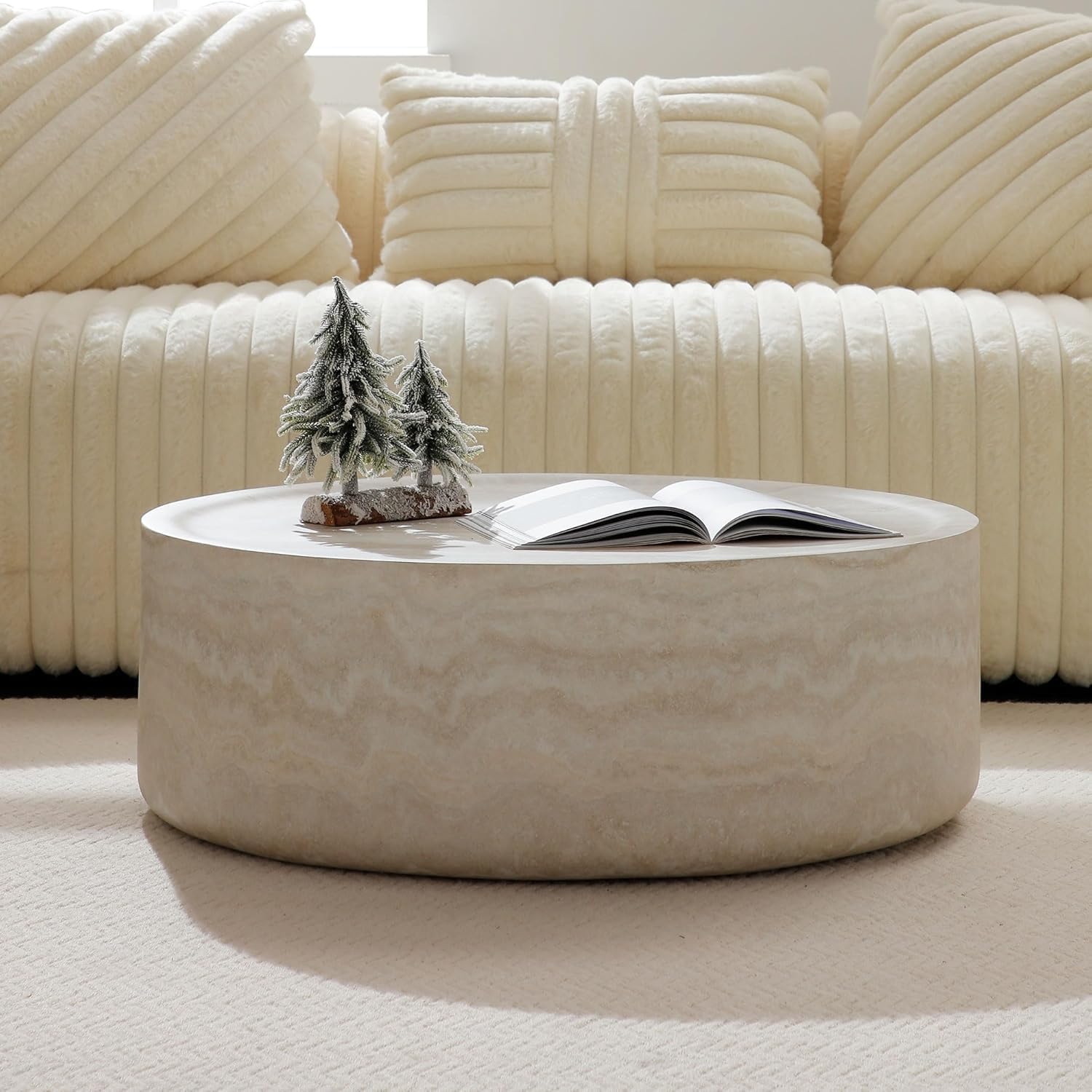 31.49' Faux Marble Coffee Table for Living Room, Travertine Stone Pattern Modern Drum Circle Round Center Table for Living Room, Apartment, Office, Fiberglass, No Assembly, Beige