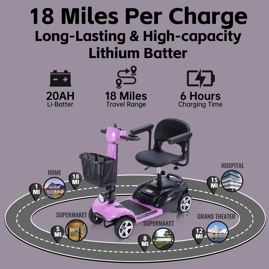 SAYYEAH 4 Wheels Mobility Scooter for Adults&Seniors, Max Speed:6mph, Mobility Scooter for Travel, with LED Headlights and Basket, Charger Included, (Purple/red/Blue/Silver) (Purple Plus)