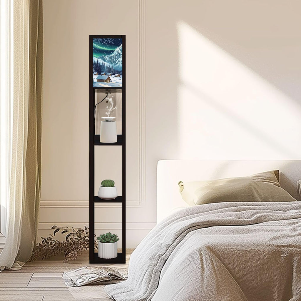 Floor Lamp with Shelves Woodcut Winter Capped Mountain Coniferous Forest Standing Tall Lamp USB Ports & Power Outlet Modern Corner Lamp Nightstand Light for Living Room Bedroom