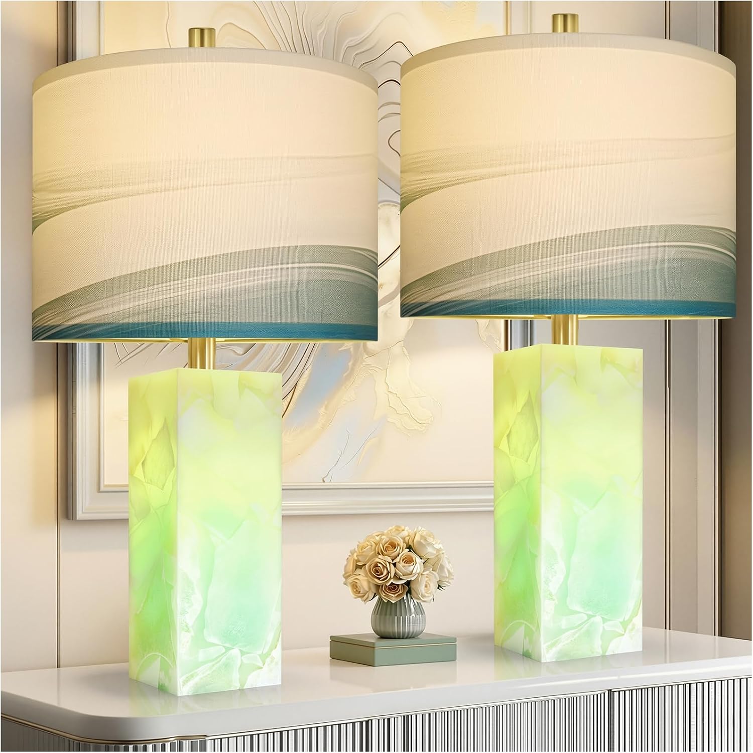 Scenekoy 23' Alabaster Table Lamp Set of 2 with Night Light for Bedroom Living Room, Rotary Switch, Blue Table Lamp with Linen Shade, Modern Nightstand Lamps for Room Bedside Bedroom (Bulb Included)