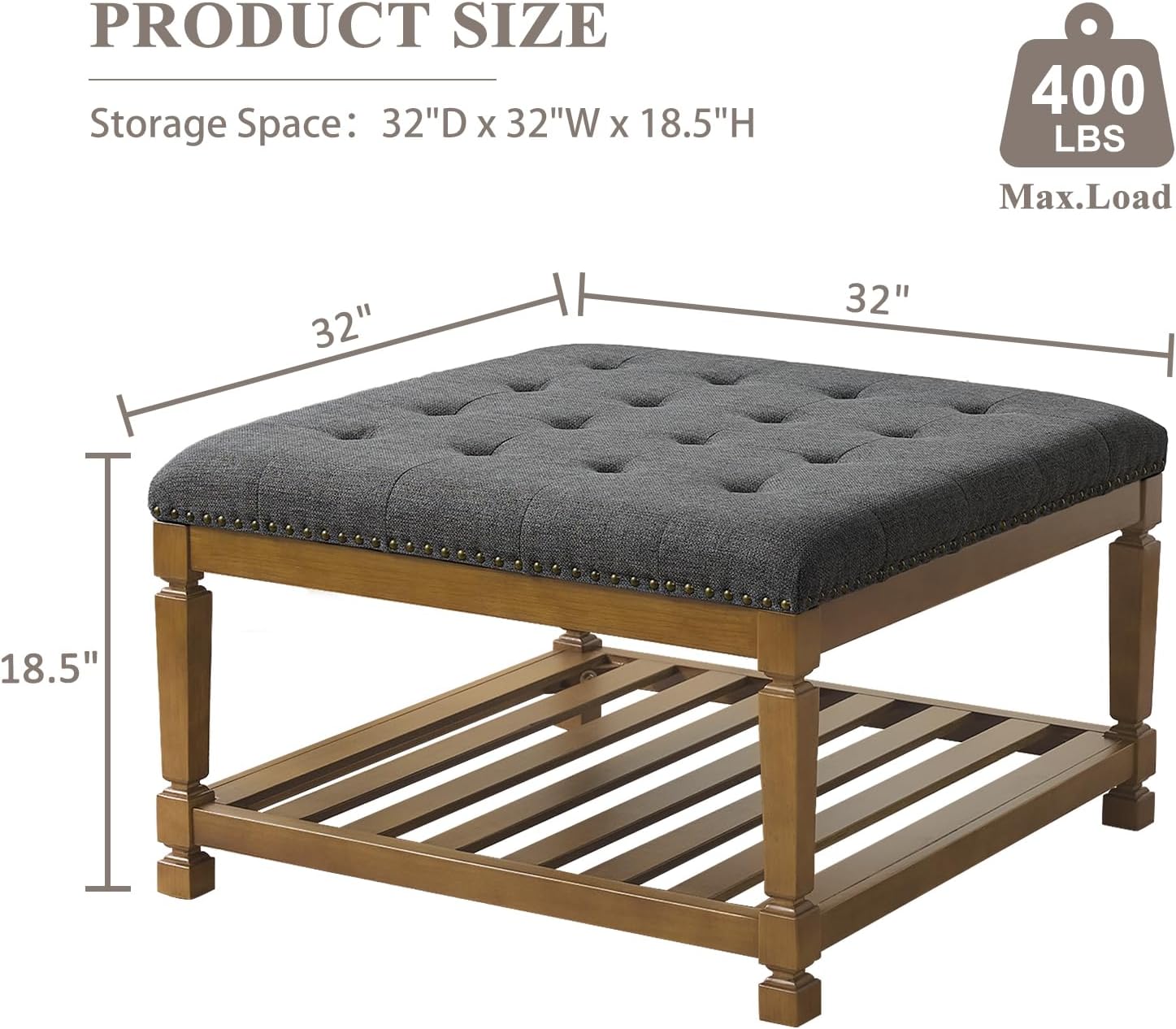 Befurtori Large Square Ottoman Coffee Table, Linen Solid Upholstered Footrest Ottoman with Solid Wood Shelf Storage Tufted Coffee Table for Bedroom Living Room-Dark Gray