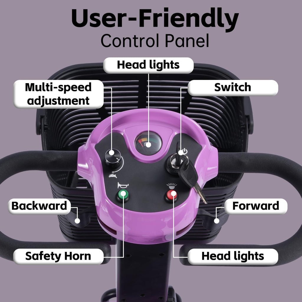 SAYYEAH 4 Wheels Mobility Scooter for Adults&Seniors, Max Speed:6mph, Mobility Scooter for Travel, with LED Headlights and Basket, Charger Included, (Purple/red/Blue/Silver) (Purple Plus)