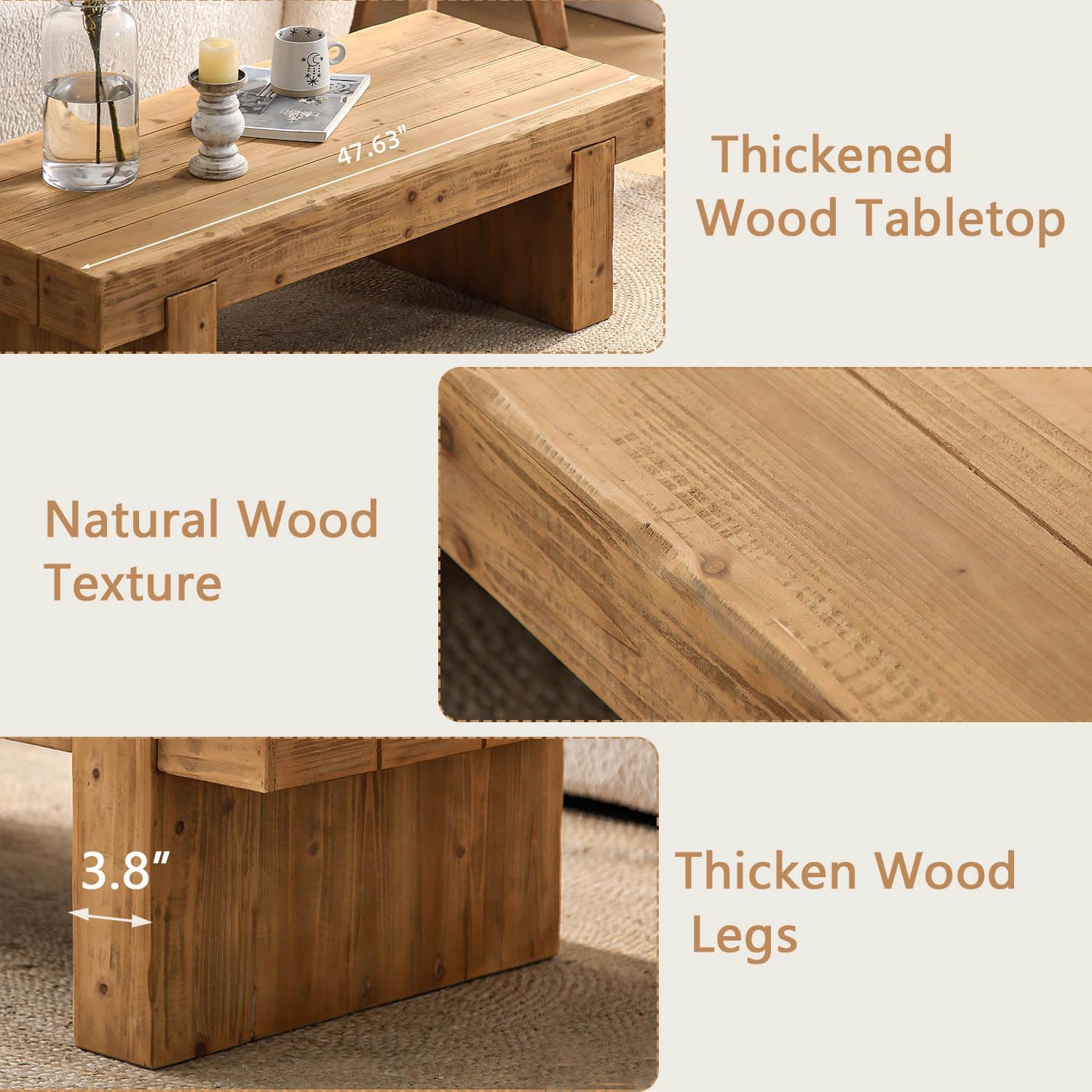 SSLine Solid Wood Coffee Table 47.6-Inch Rectangular Coffee Table for Living Room,Farmhouse Cocktail Center Tables with Thicken Top and Sturdy Legs,Natural Brown