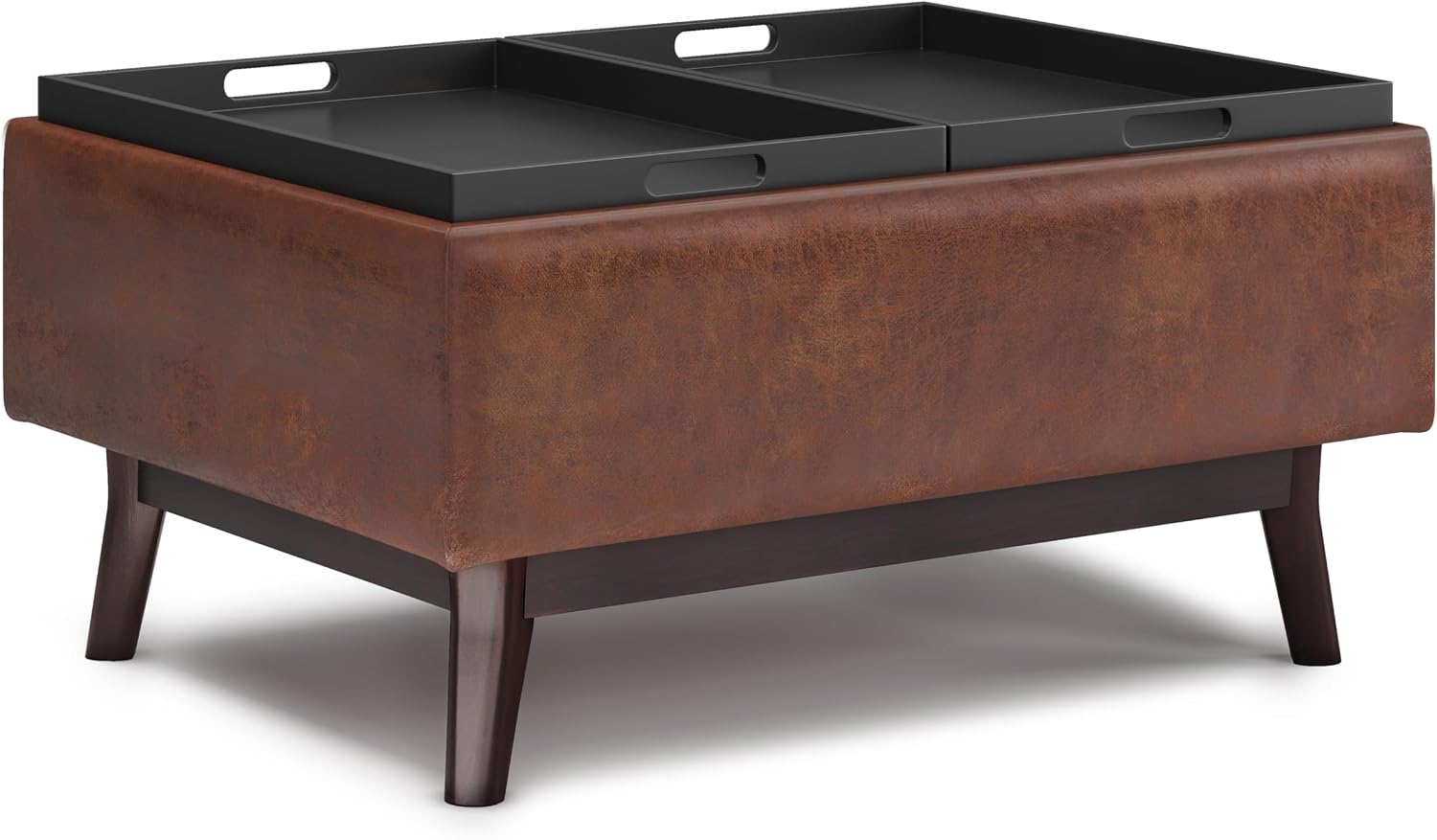 SIMPLIHOME Owen Tray Top Small Coffee Table Storage Ottoman - 34 inch Wide Upholstered Vegan Leather Rectangular Flip-Top Ottoman in Distressed Saddle Brown, Mid-Century Modern Ottoman for Living Room