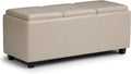 SIMPLIHOME Avalon Storage Ottoman - 42 inch Wide Upholstered Vegan Leather Rectangular Flip-Top Ottoman in Satin Cream, Contemporary Coffee Table Ottoman for Living Room with Hidden Storage