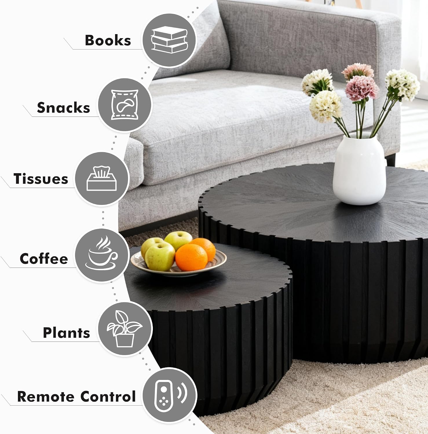 Black Round Nesting Tables for Living Room, Set of 2, Nesting Coffee Table Wooden Fluted Coffee Table, Modern Small Circle Center Tabel End Side Table for Farmhouse Apartment Office