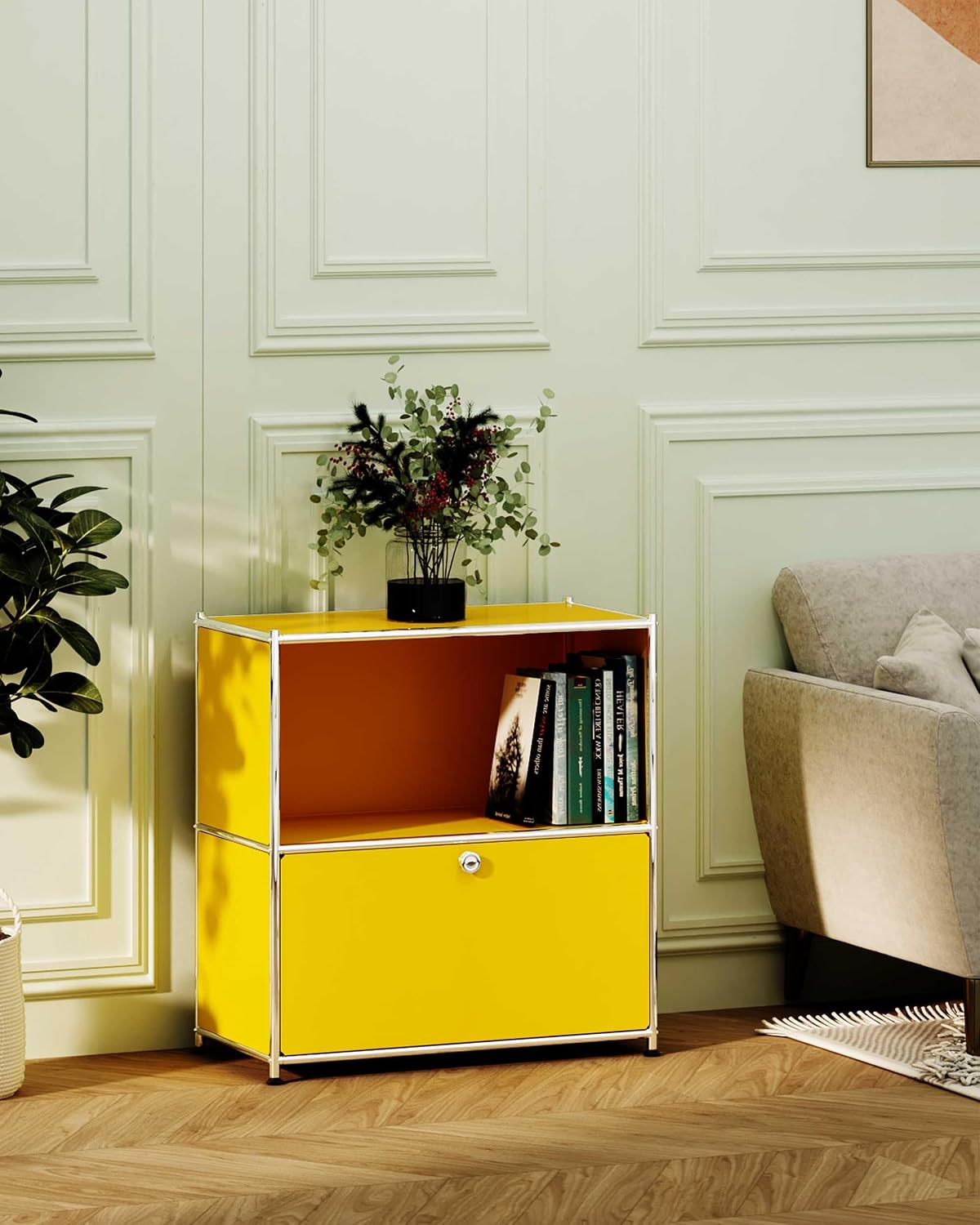 32.5-Inch Flip-Top Storage Cabinet with Detachable Wheels, Metal Side Table and Small Sideboard Cabinet for Living Room, Bedroom, Office, Orange