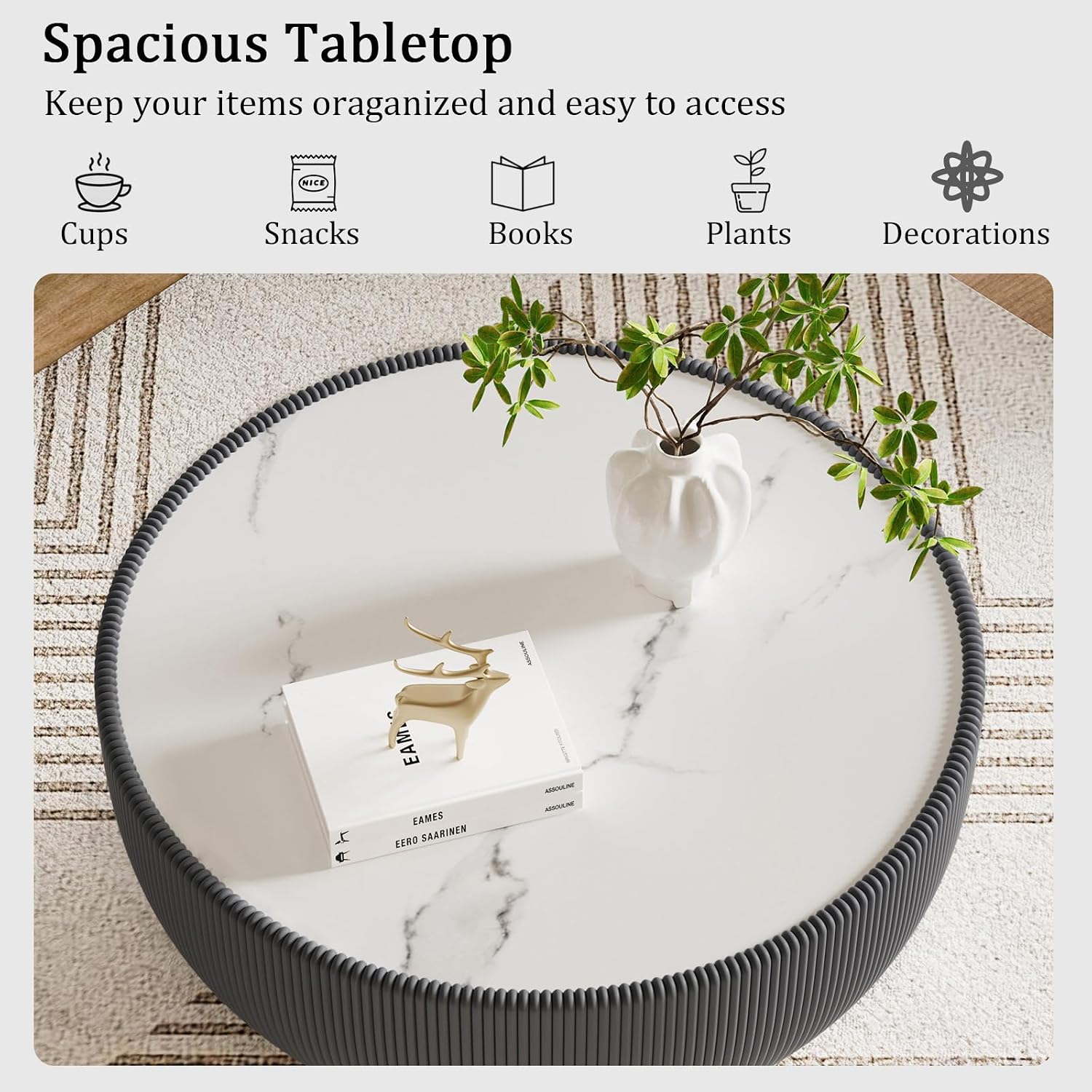 Round Coffee Table Set with Sintered Stone Tabletop, 27.56' Grey Drum Center Table and 19.69' Orange Coffee Table Set, 2 Pieces Living Room Table Set with Fluted PU Leather Cover& Metal Base