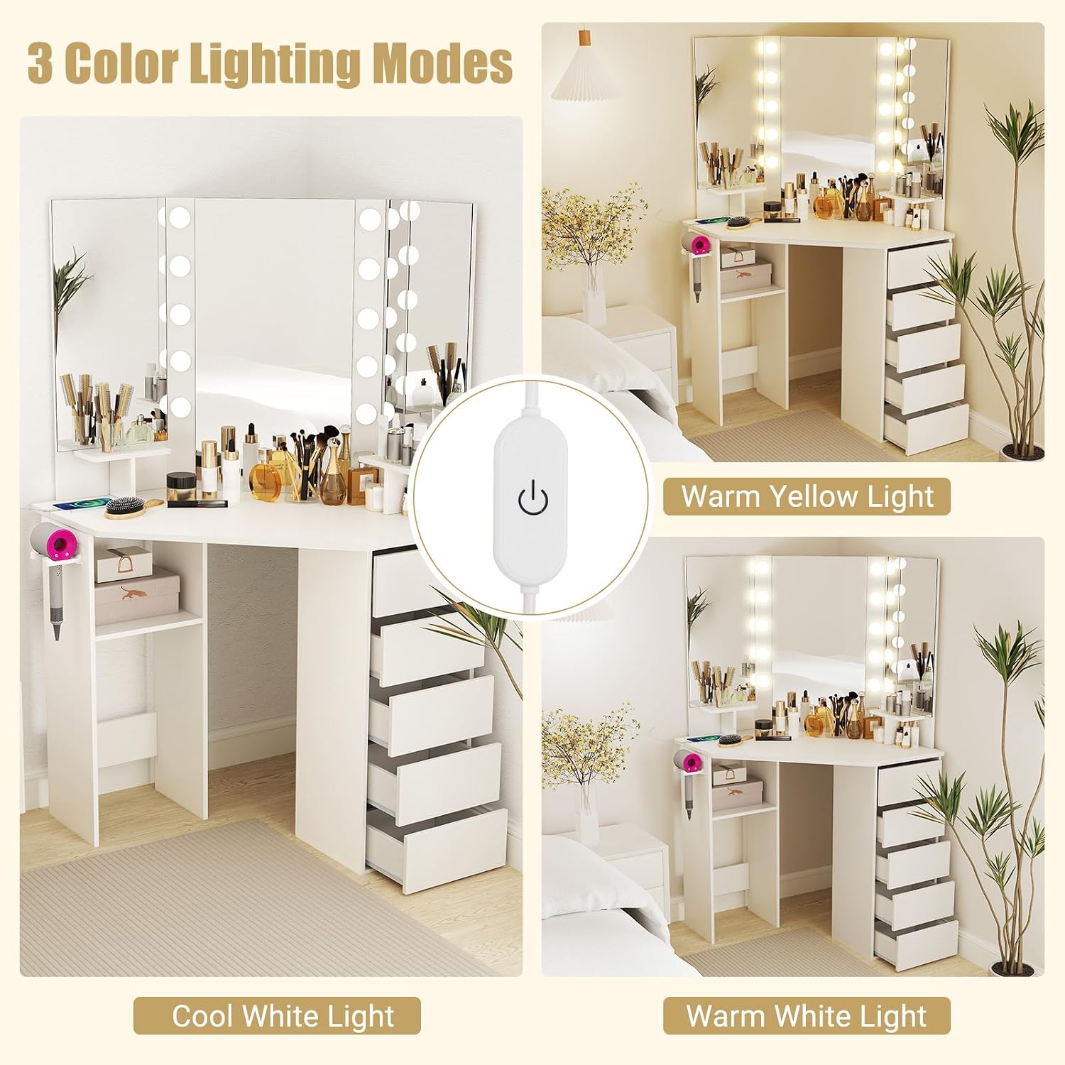 LOKO Corner Makeup Vanity Desk, Makeup Dresser Table with 3 Color Lighting, Power Outlets, 5 Drawers, Shelves, Makeup Vanity Set for Bedroom, Cloakroom (White)