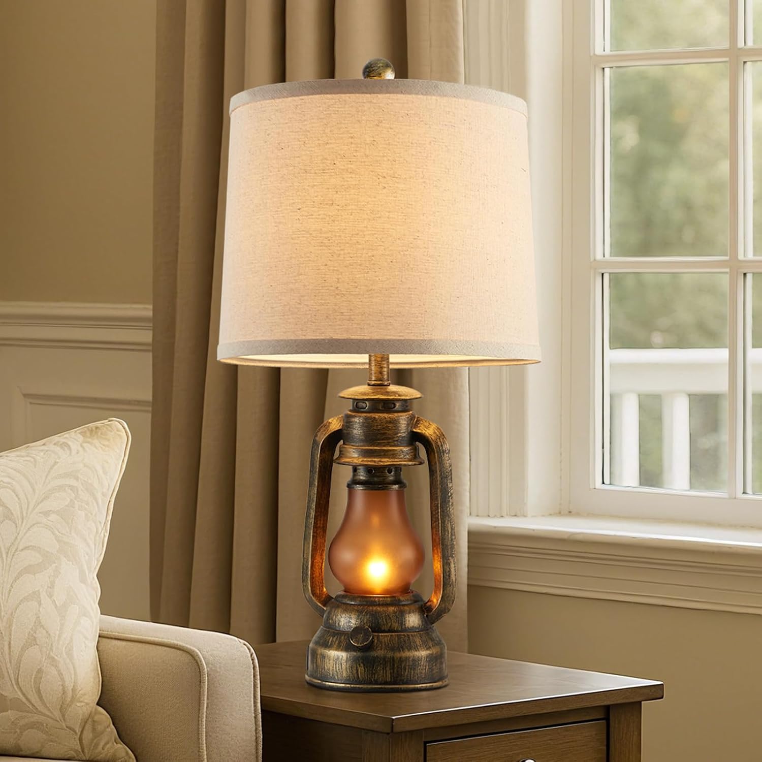 Set of 2 Farmhouse Lantern Table Lamps for Living Room with 2 USB Charging Ports, Rustic Vintage Nightstand Lamps with Nightlight for Bedroom End Table Entryway, 4 Bulb Included