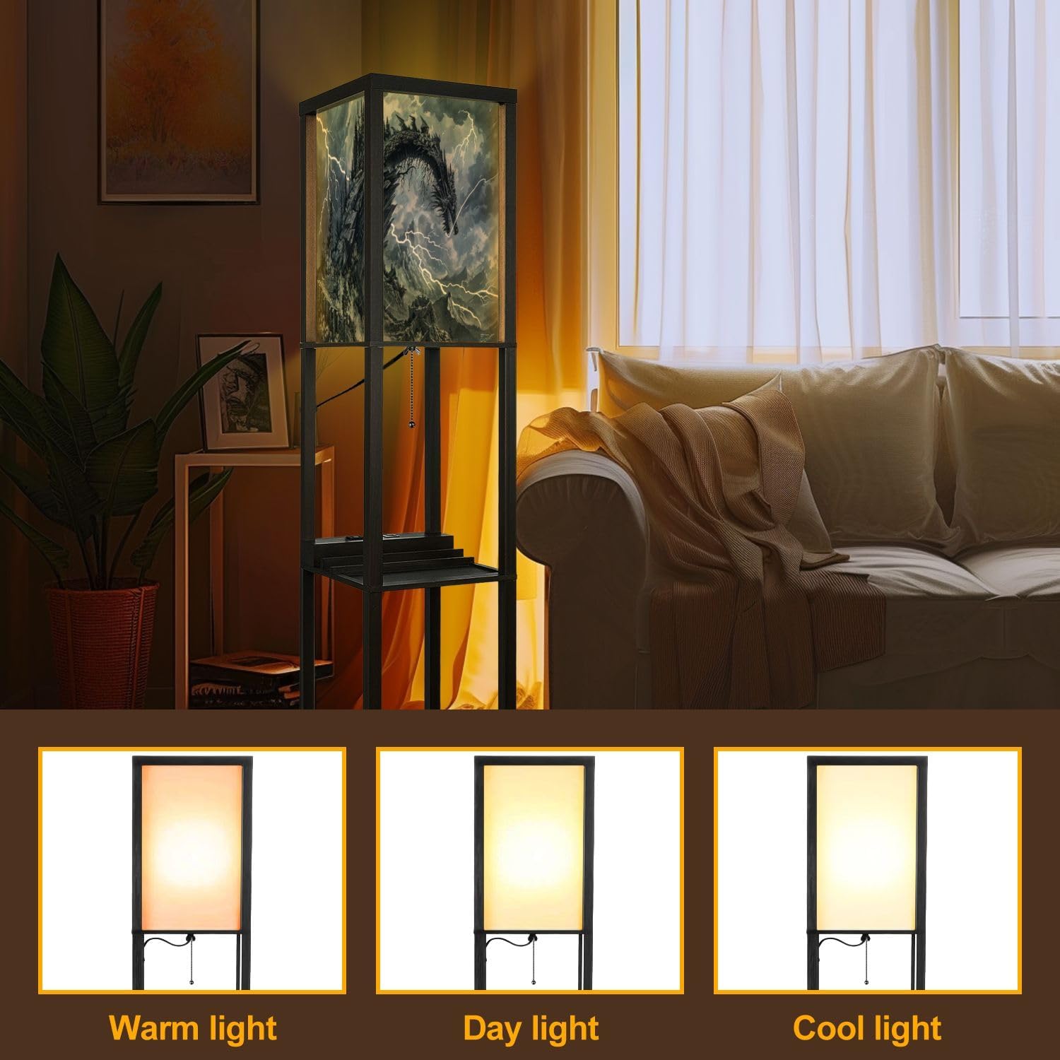 Floor Lamp with Shelves Dragon Shaped Crag Ruined Fortress Monochromatic Art Standing Tall Lamp USB Ports & Power Outlet Modern Corner Lamp Nightstand Light for Living Room Bedroom