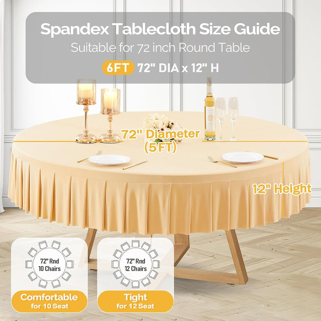 6 Pack Champagne Spandex Round Tablecloths for 72in Table, Stretchy Fitted 6FT Round Table Cloths, Wrinkle Free Table Cover with Skirt for Wedding Birthday Party Bridal Shower Banquet
