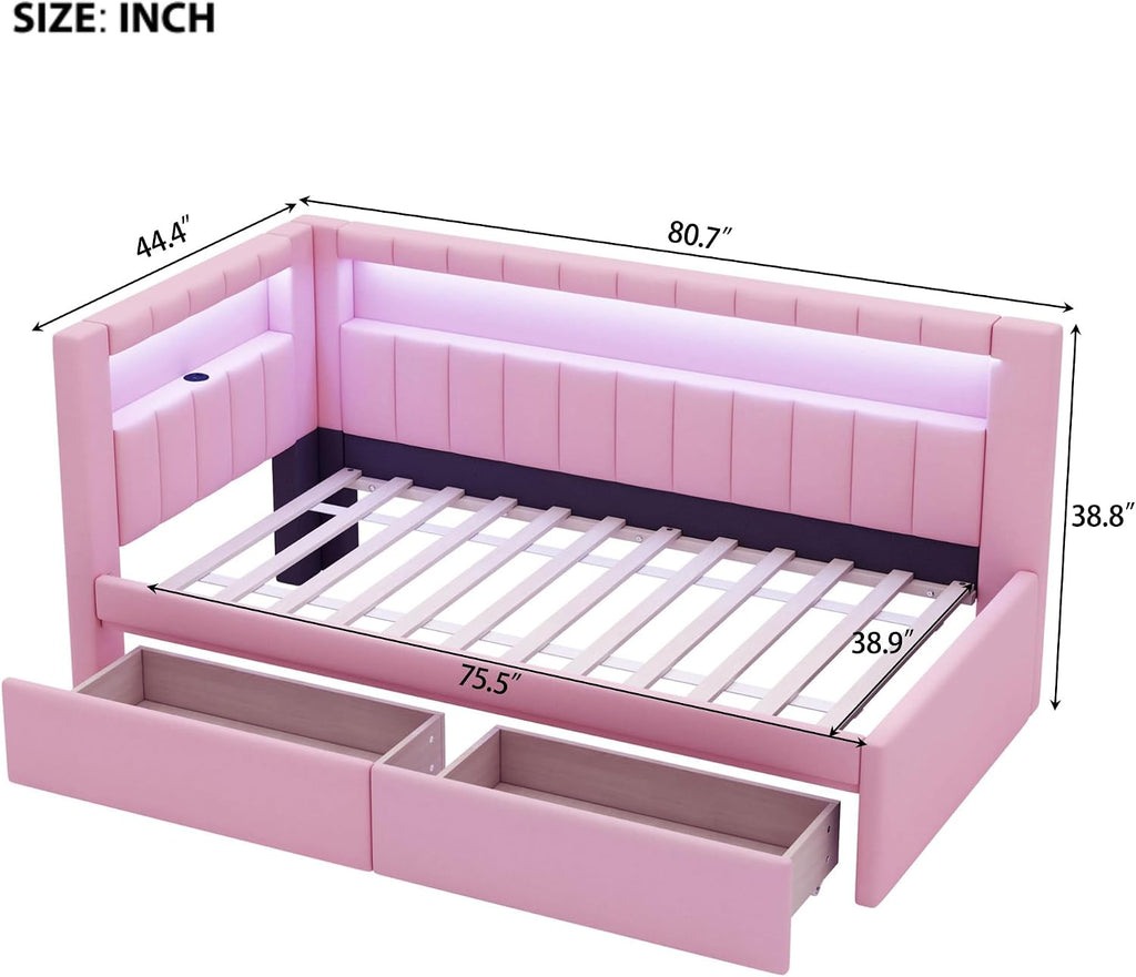 Twin Size Upholstered Daybed with Storage Drawers and LED, USB-Ports, L-Shaped Corner Unit Sofa Day Bed Frame with Storage Bookshelf, Girls, Kids, Adults, Boys, Pink