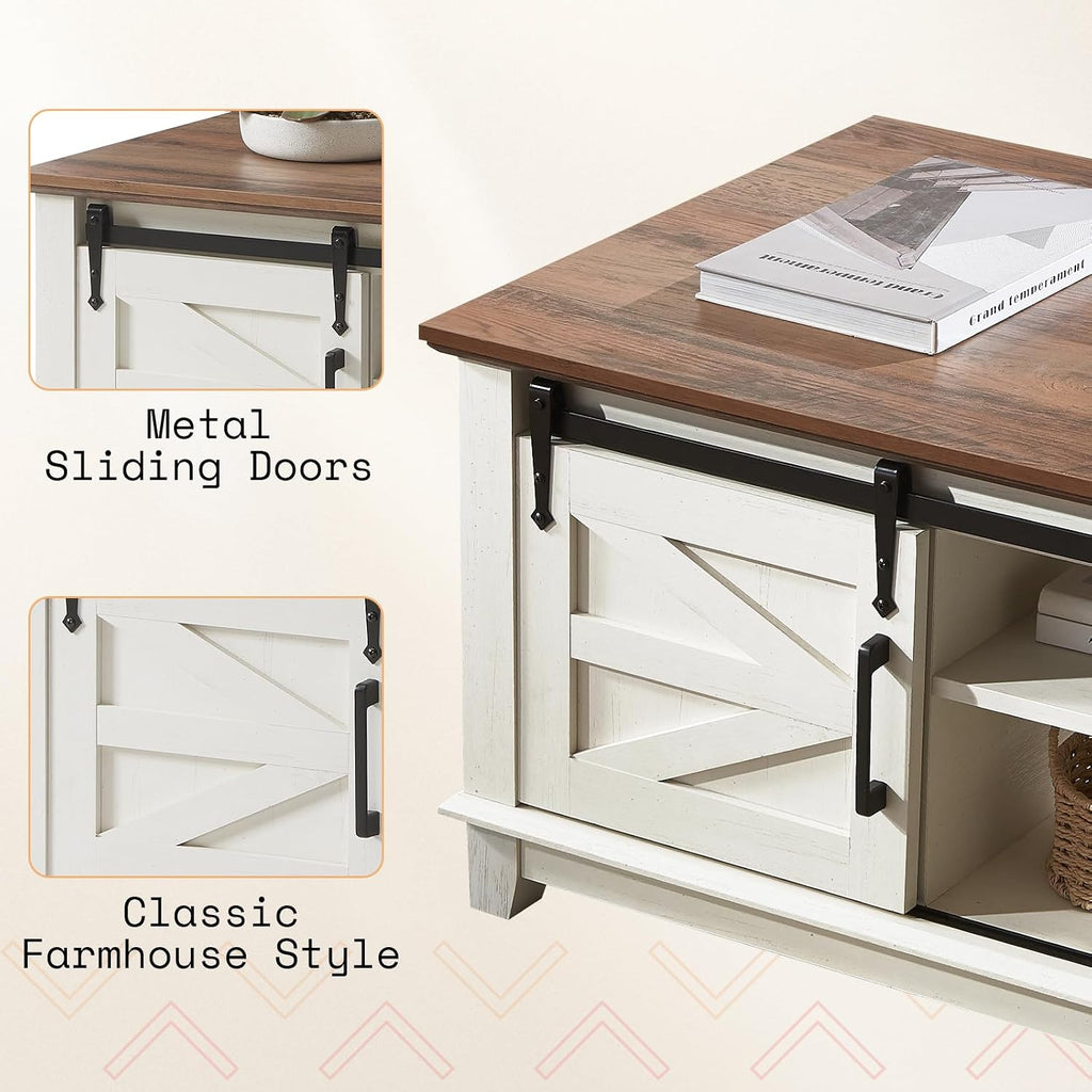 AMERLIFE Farmhouse Coffee Table with Sliding Barn Doors & Storage Cabinet for Living Room, 48' Modern Center Table, Adjustable Shelves, Rustic White