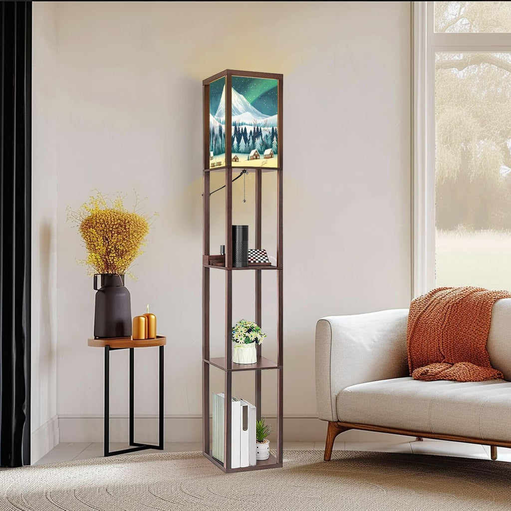 Floor Lamp with Shelves Snow Capped Mountain Wooden Cabins Crisp White Forest Standing Tall Lamp USB Ports & Power Outlet Modern Corner Lamp Nightstand Light for Living Room Bedroom