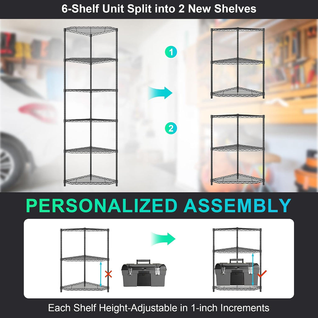 Dolonm 6 Tier Corner Shelf, NSF Wire Shelving Unit, 600 LBS Corner Storage Shelf, 20' D x 20' W x 72' H, Corner Shelves, Heavy Duty Corner Standing Shelves, Height Adjustable Rack, Pentagonal, Black