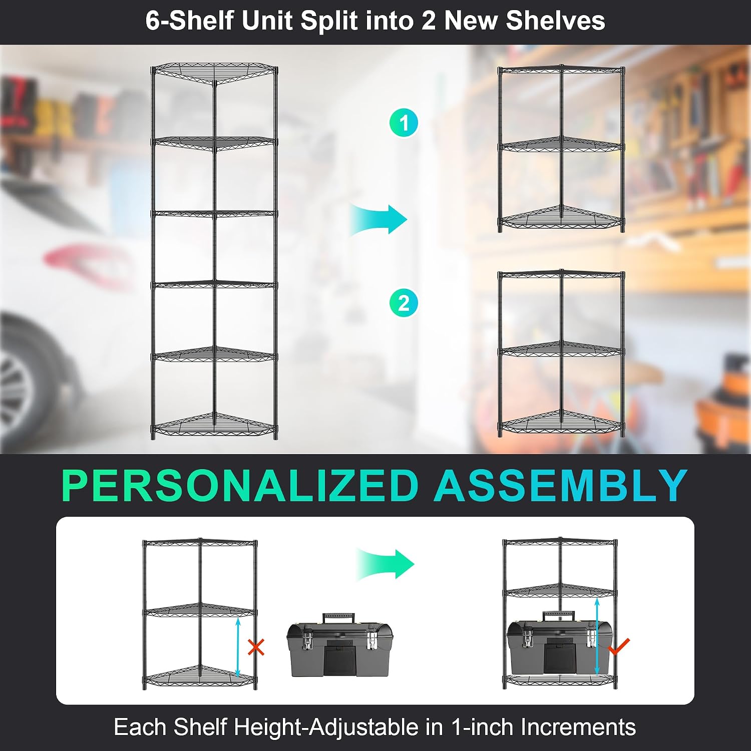 Dolonm 6 Tier Corner Shelf, NSF Wire Shelving Unit, 600 LBS Corner Storage Shelf, 20' D x 20' W x 72' H, Corner Shelves, Heavy Duty Corner Standing Shelves, Height Adjustable Rack, Pentagonal, Black