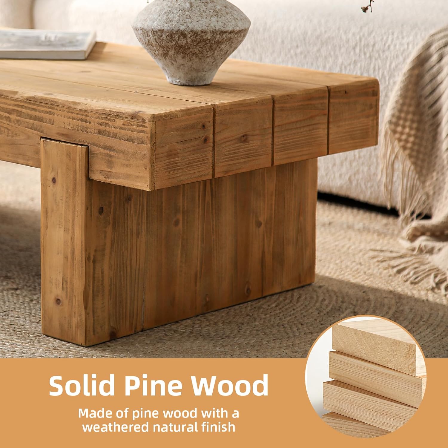 SSLine Solid Wood Coffee Table 47.6-Inch Rectangular Coffee Table for Living Room,Farmhouse Cocktail Center Tables with Thicken Top and Sturdy Legs,Natural Brown