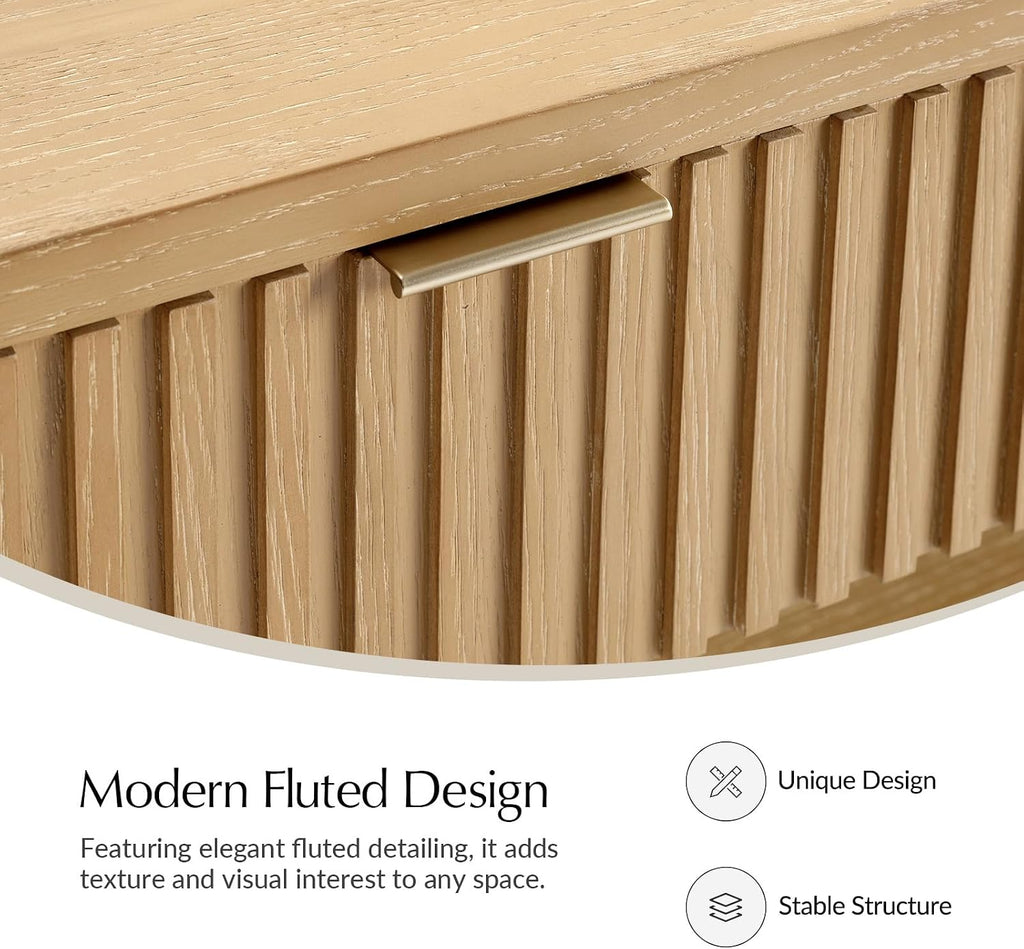 HULALA HOME Modern Fluted Coffee Table with Storage, Wood Oak Veneer Coffee Table with Wide Tabletop, 2 Drawers and Lower Shelf for Living Room, Easy Assembly, Natural