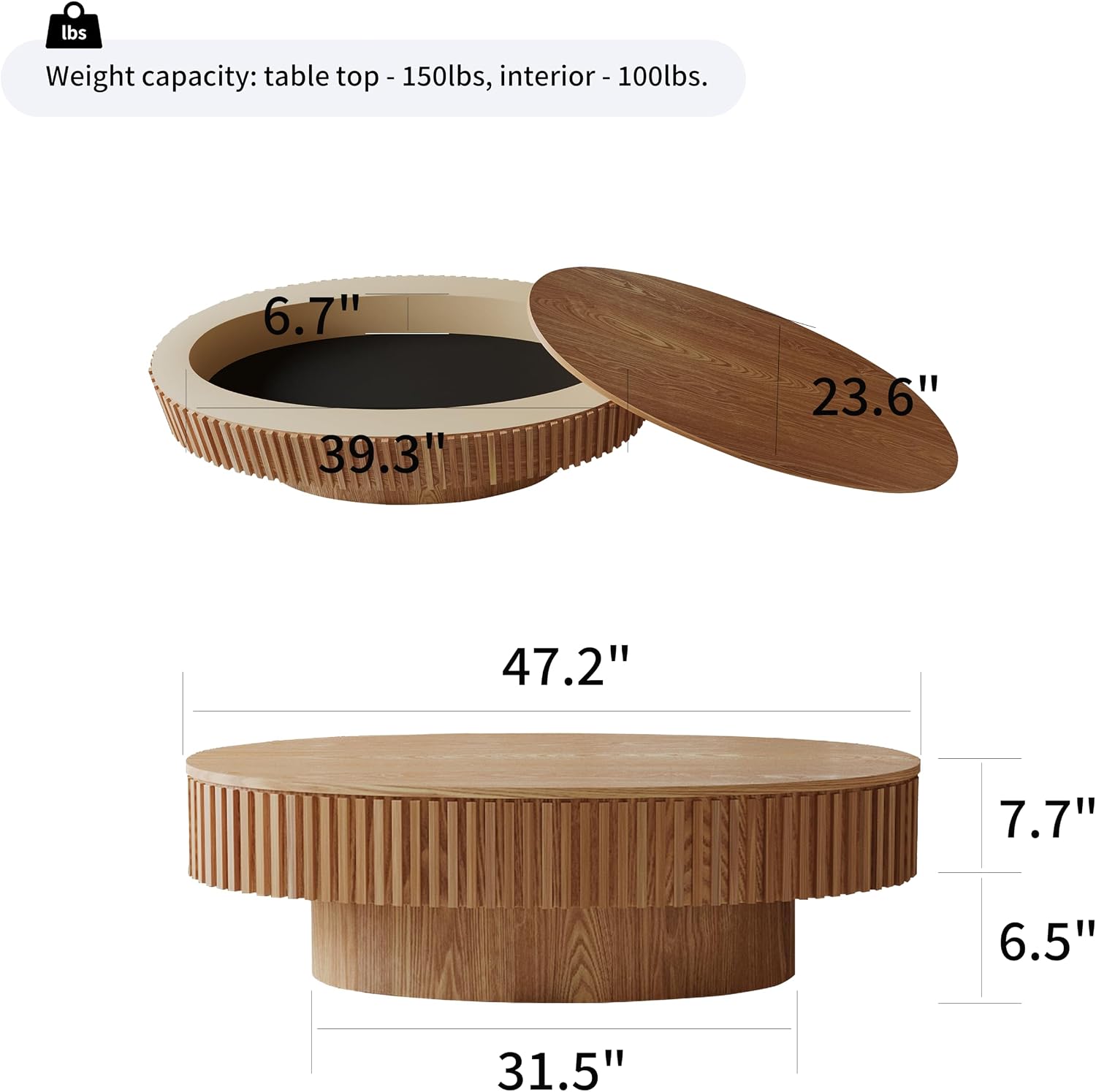 47.2'' Oval Coffee Table with Storage for Living Room Modern Fluted Coffee Table with Lid Pedestal Center Tables Accent Tea Table for Apartment, Natural Wood Oak