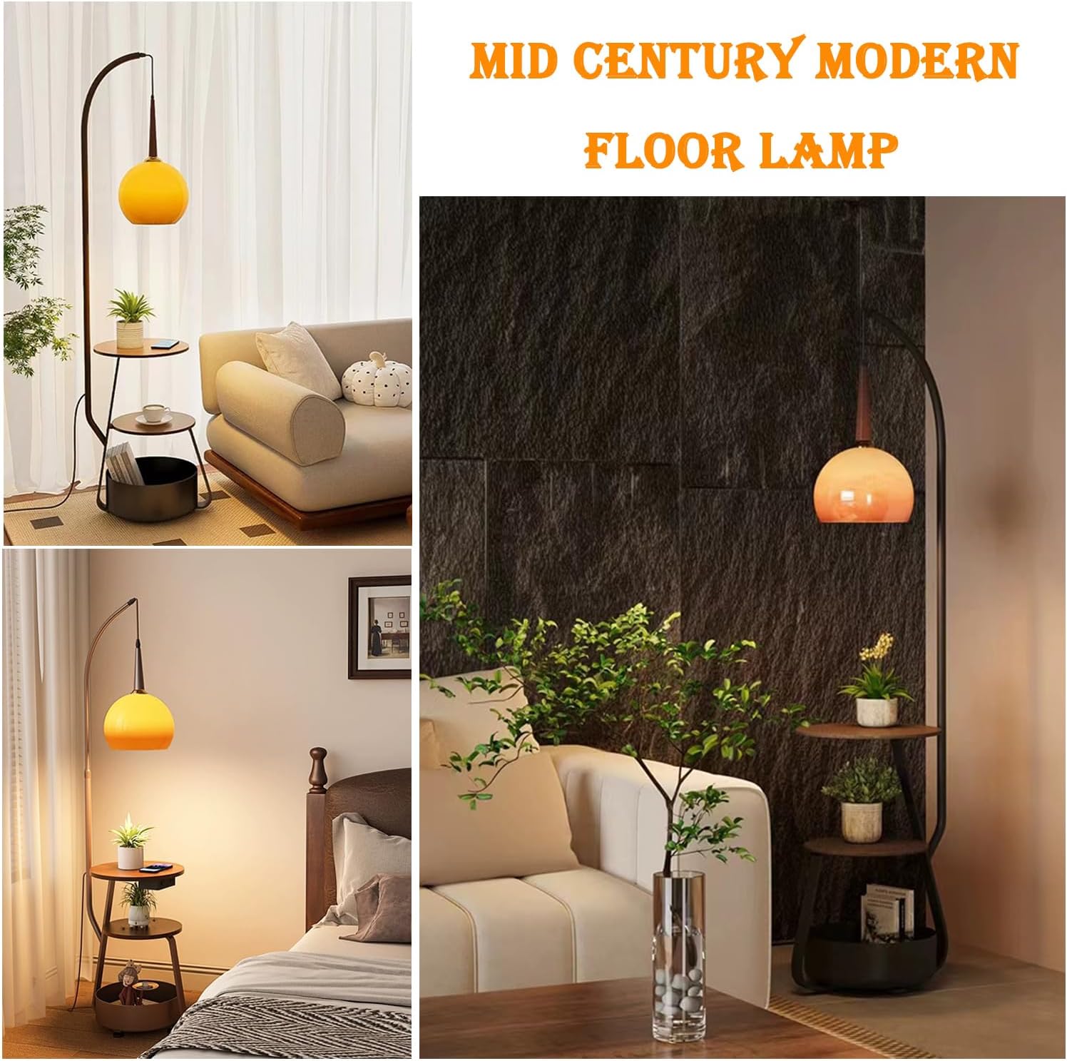 Bofea-Modern Orange Floor Lamp for Living Room,Mid Century Tall Lamps with Tea Table & Storage Bucket,Fishing Standing Lamp with Glass Lampshade,Mid Century Floor Lamp for Bedroom Corner.