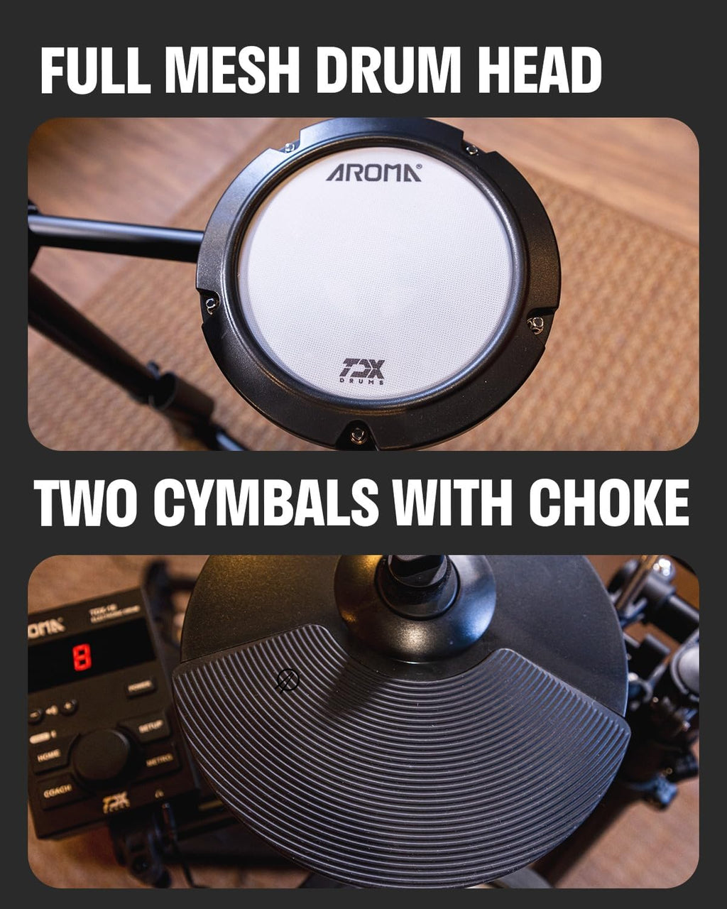 AROMA TDX-18 Electronic Drum Set with 4 Quiet Mesh Drum Pads, 2 Switch Pedal, Portable and Solid Drum Set with, Bluetooth, Drum Throne, Headphones and Sticks
