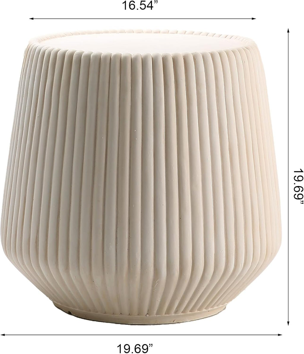 Off-White MGO Round Coffee Table for Indoors and Outdoors, 19.69' Mid-Century Modern Magnesium Oxide Fluted Drum Coffee Table, Circle Cocktail Tea Table for Living Room, No Assemble