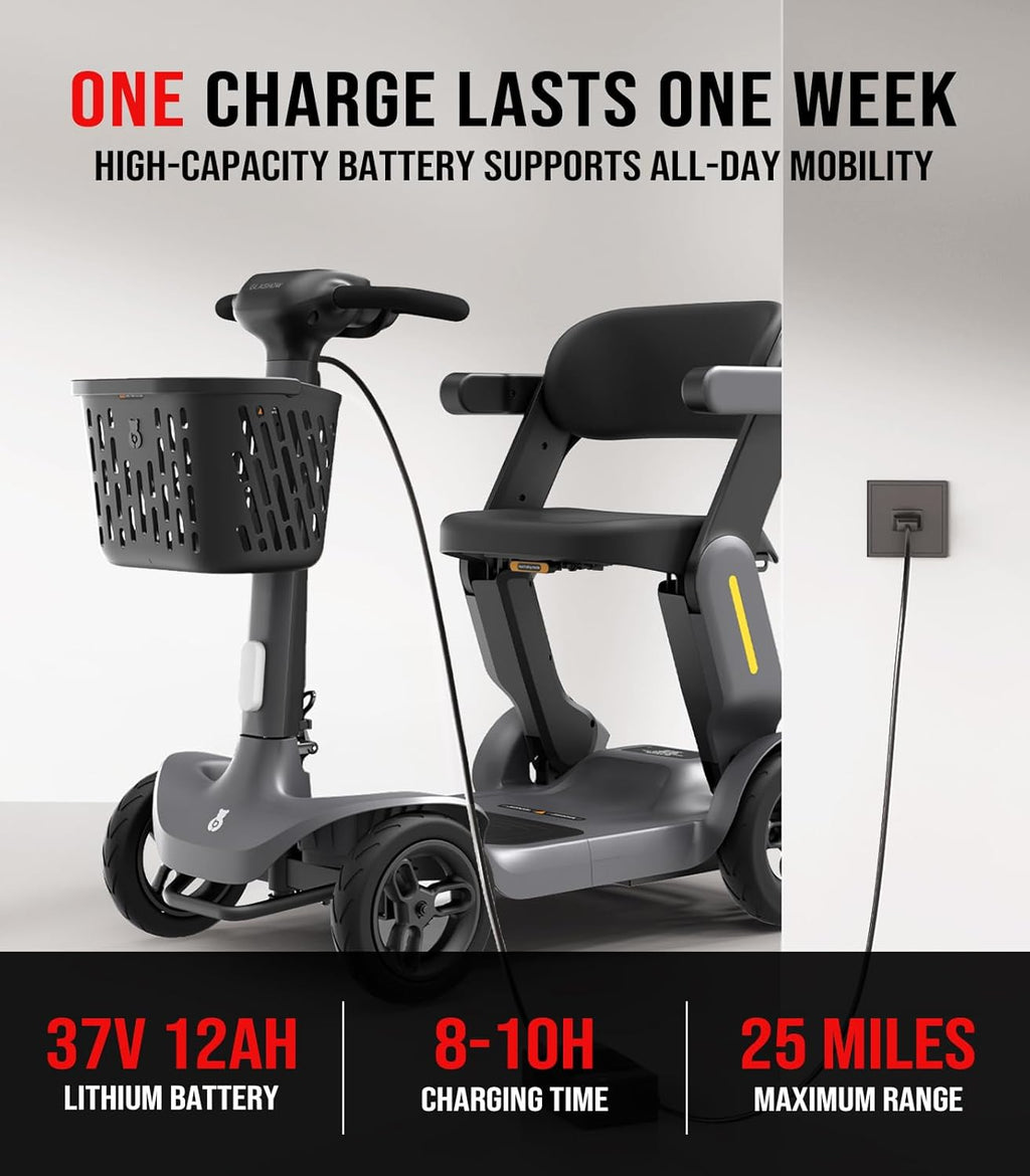 Glashow S3 Folding Mobility Scooter for Seniors & Adults – 4-Wheel All-Terrain Electric Scooter, 25 Mile Range, 6 MPH, 265 lb Capacity, Reverse, LED Lights & Basket – Gray
