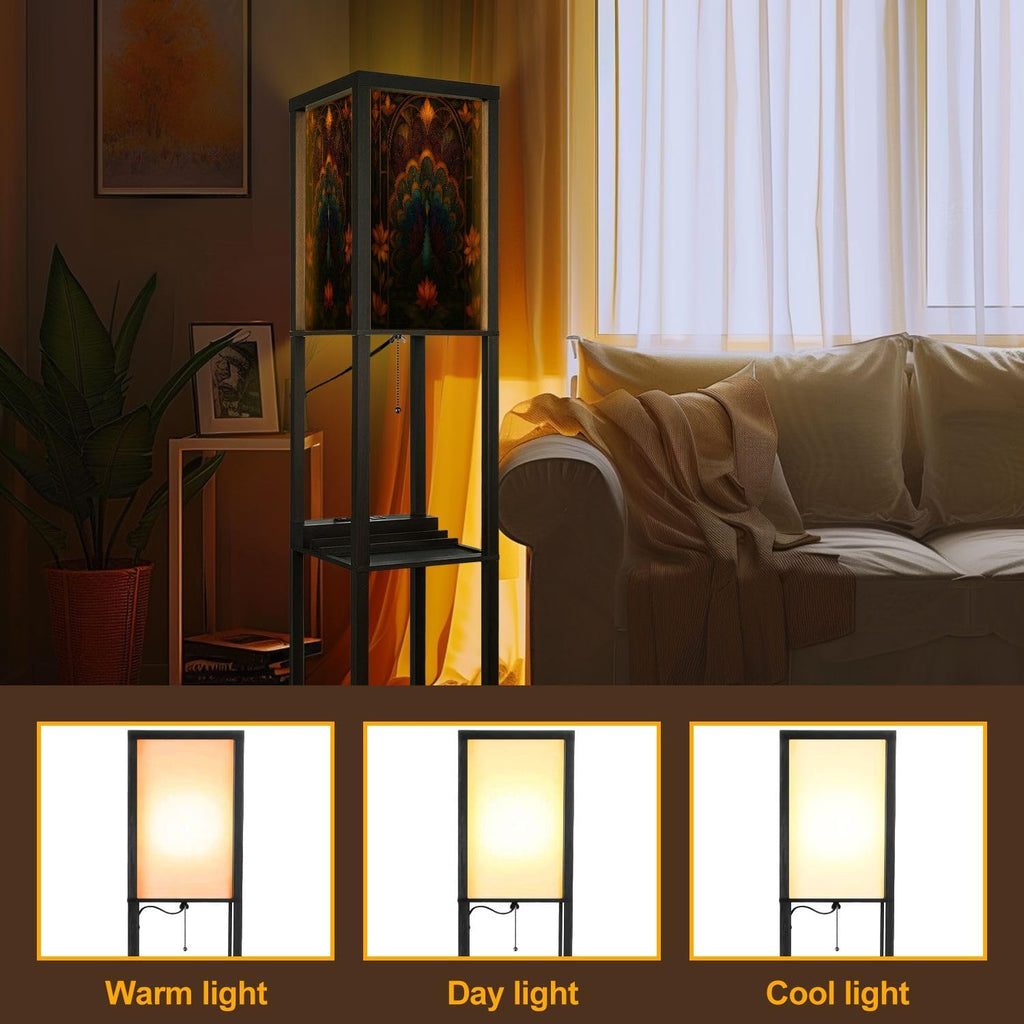 Floor Lamp with Shelves Asymmetrical Peacock Stained Glass Art Geometric Feather Design Standing Tall Lamp USB Ports & Power Outlet Modern Corner Lamp Nightstand Light for Living Room Bedroom