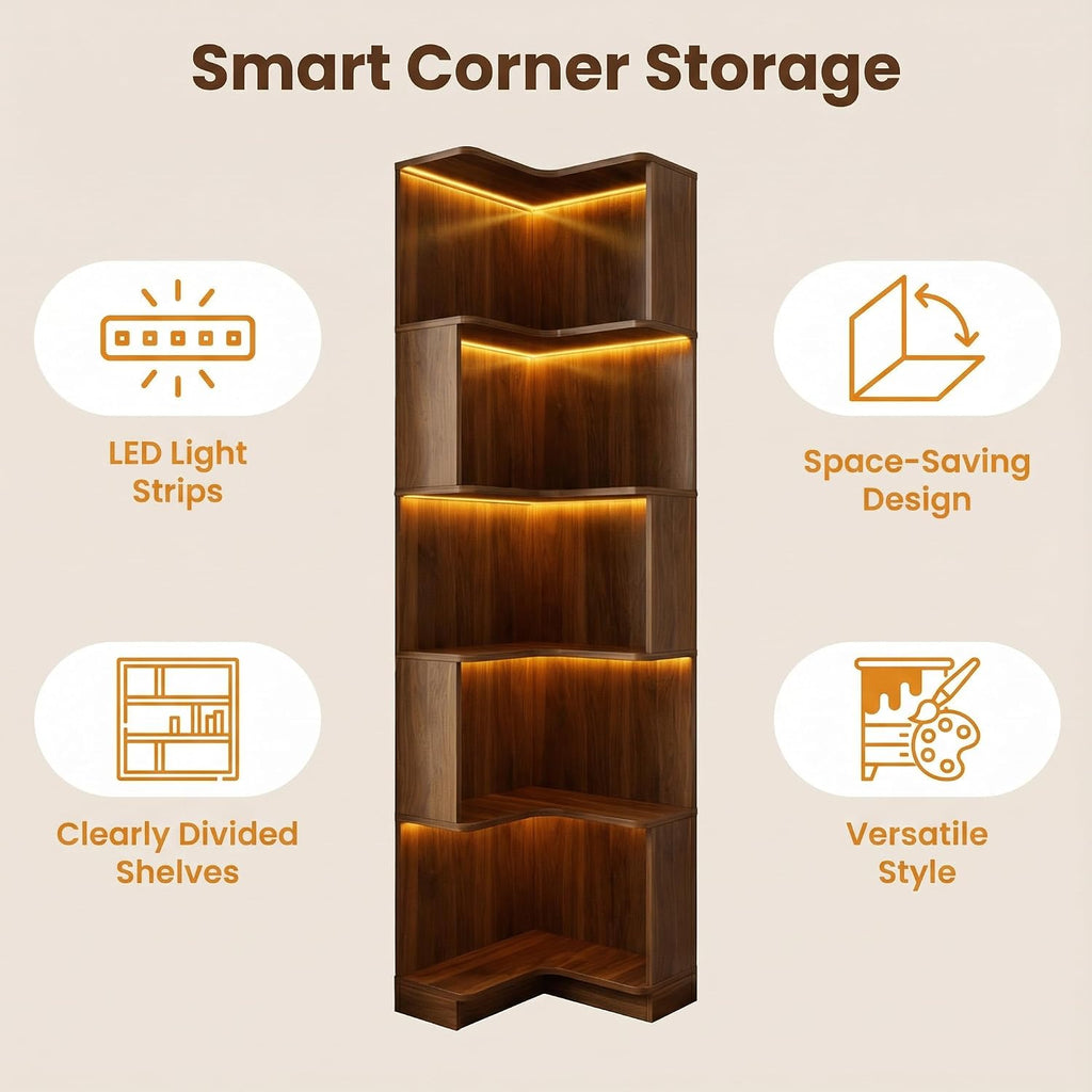 Corner Bookshelf, 5 Tier Tall Corner Bookcase with LED Lights, Freestanding L Shaped Open Display Shelf for Living Room, Bedroom, Home Office (Walnut)