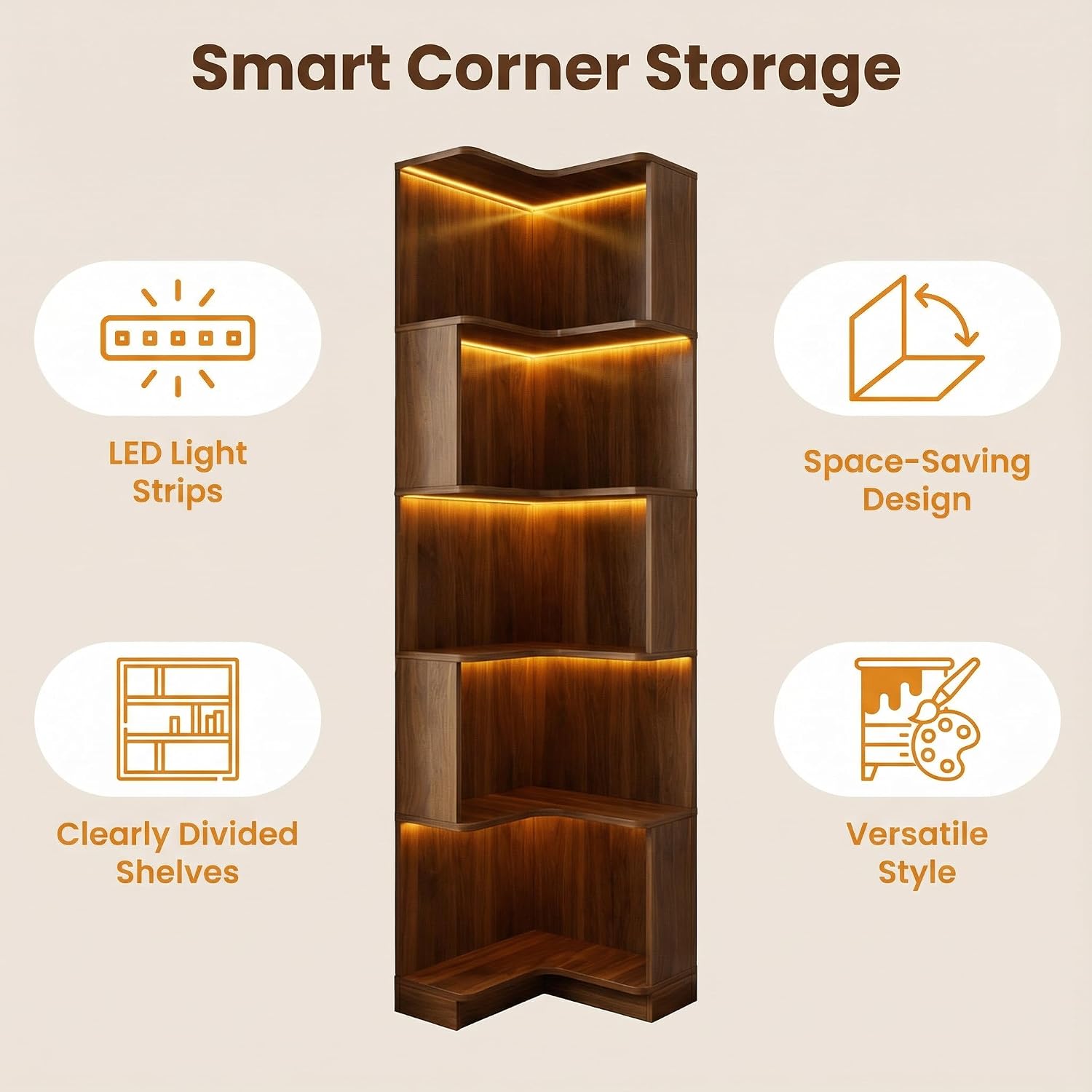 Corner Bookshelf, 5 Tier Tall Corner Bookcase with LED Lights, Freestanding L Shaped Open Display Shelf for Living Room, Bedroom, Home Office (Walnut)