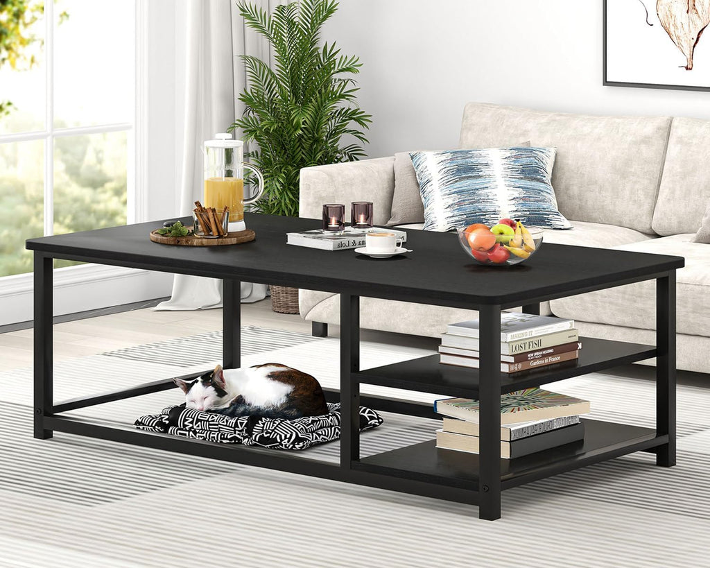 EXCEFUR Black Coffee Table, Rustic Wood Living Room Table with Storage Shelf, Modern Rectangle Center Table, 47 Inch